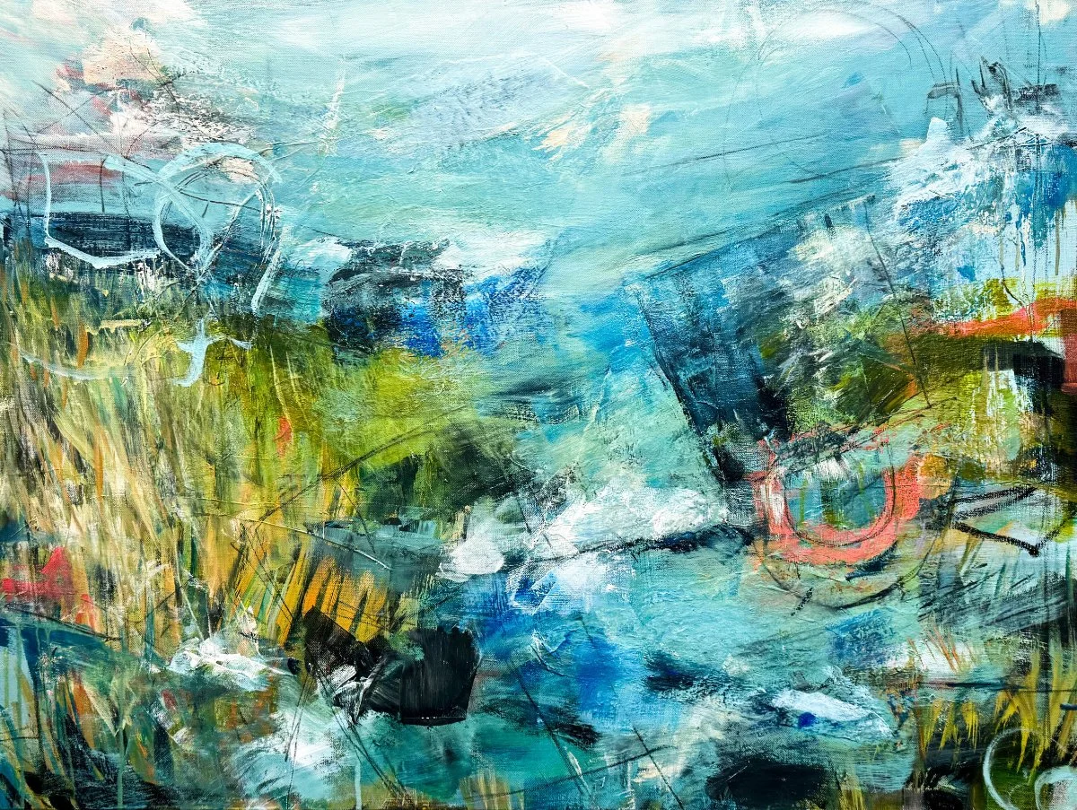 Abstract painting with shades of blue, green, black, white, and hints of red and yellow, featuring bold brushstrokes and energetic lines.