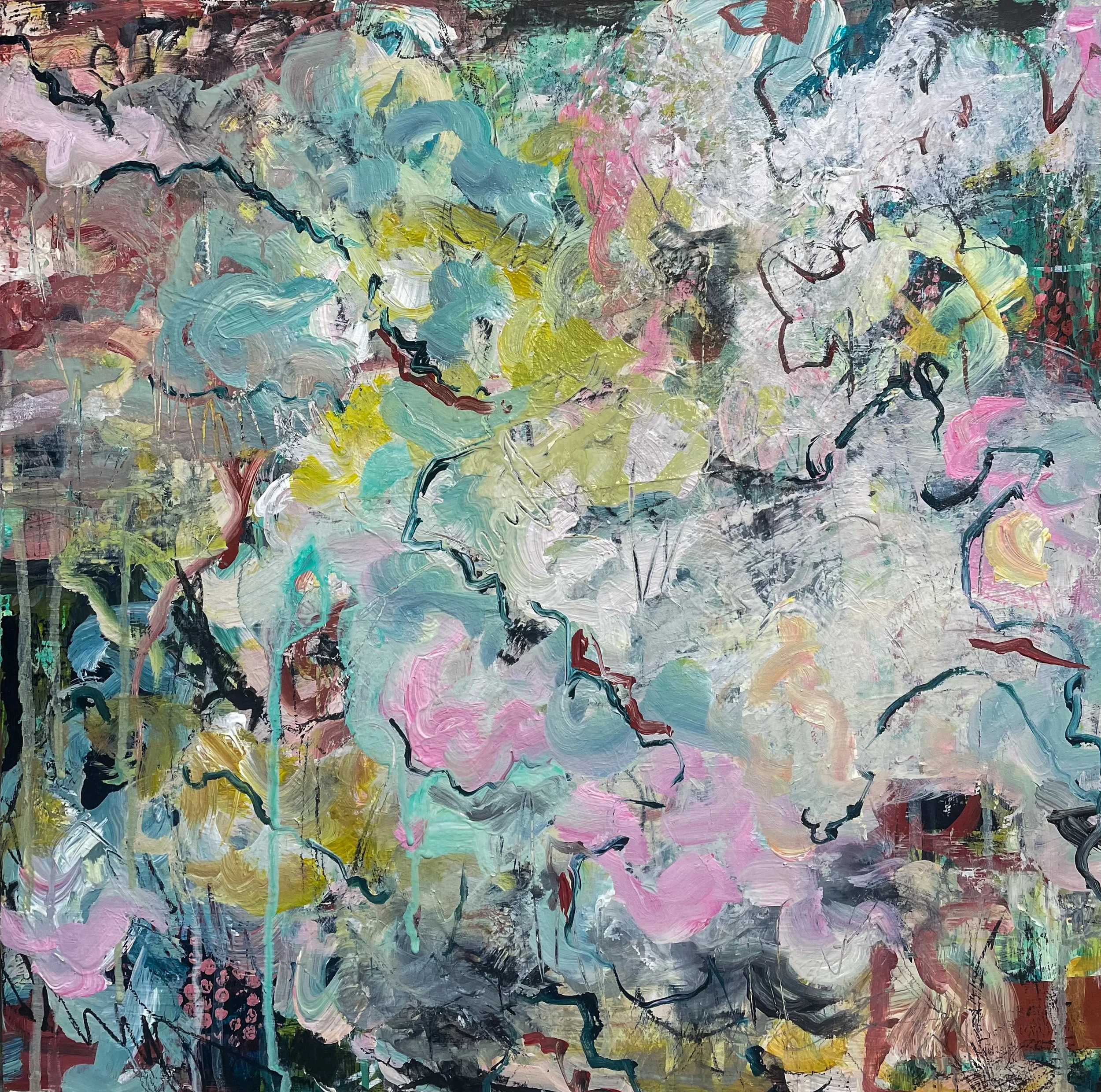 Abstract expressionist painting with vibrant pastel colors, broad brushstrokes, and chaotic black lines.