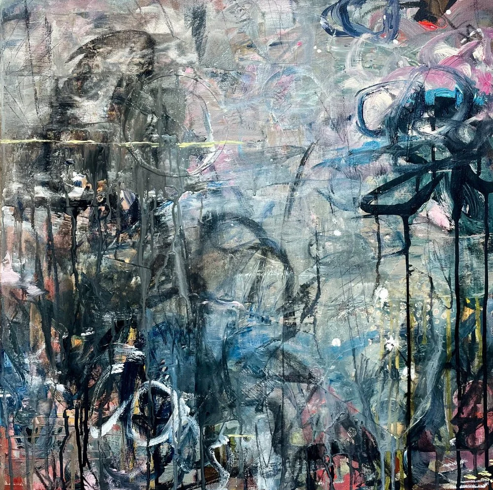 Abstract painting with dark and muted tones, featuring splashes of white, pink, and blue, with drips and bold brushstrokes.
