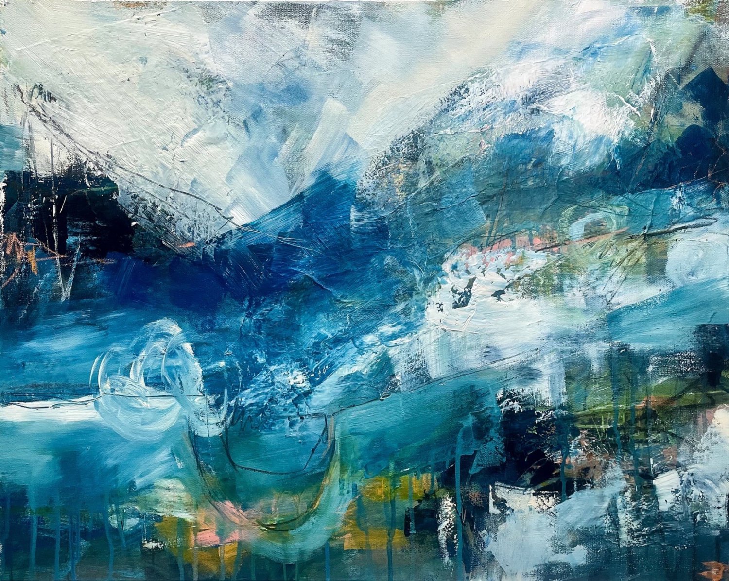 Abstract painting with bold blue, white, black, green, and peach brushstrokes and textures.