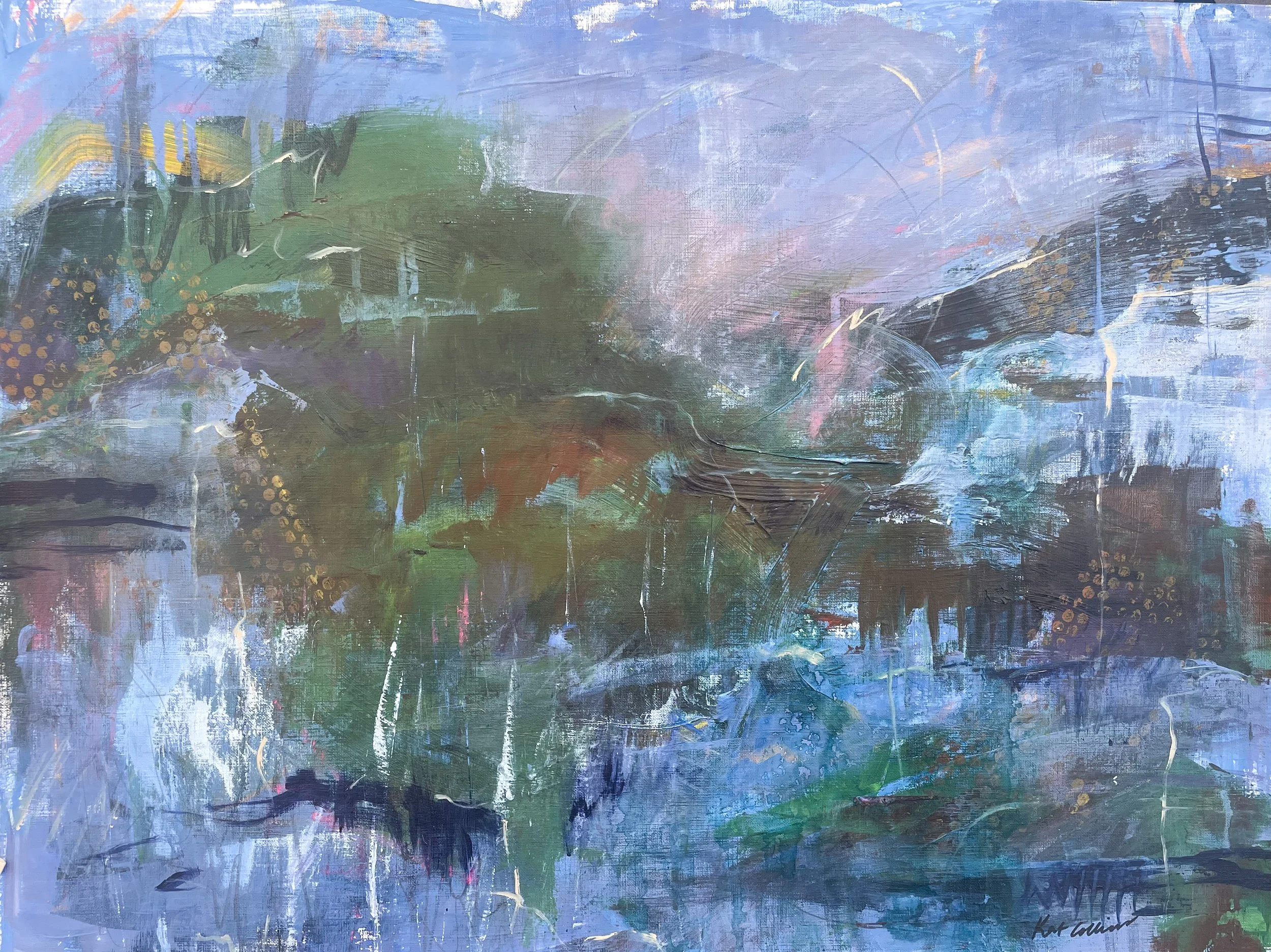 Abstract painting with shades of blue, green, and purple with brushstrokes and textures.