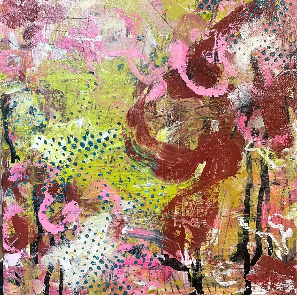 Abstract painting with pink, yellow, brown, black, white, and green brushstrokes, dots, and splatters.