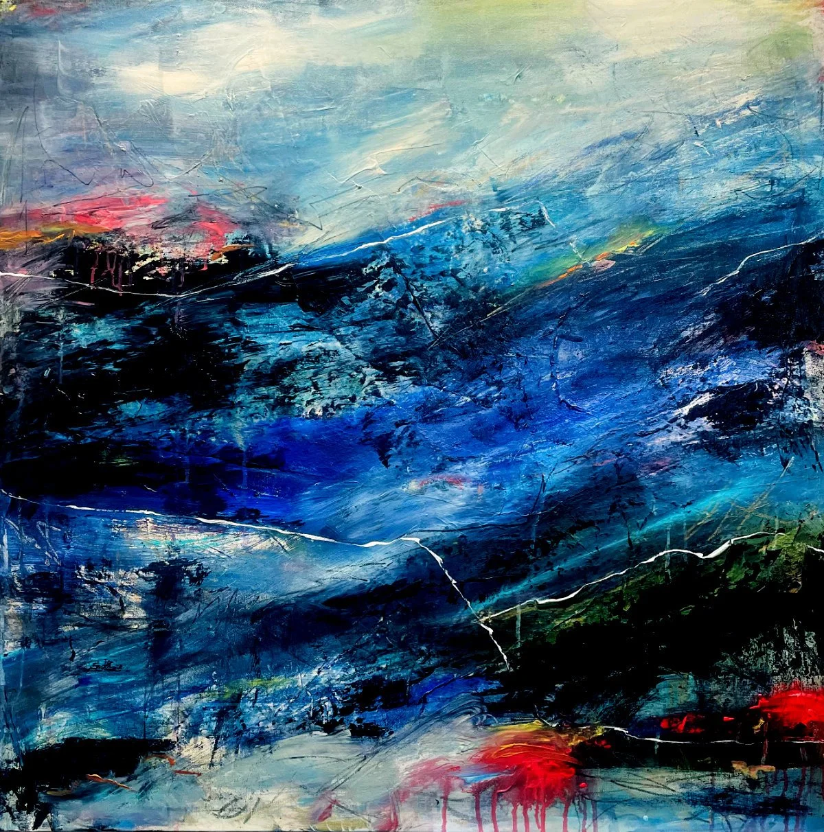 Abstract painting with vibrant blue, red, green, and black colors, textured brushstrokes, and dynamic lines.