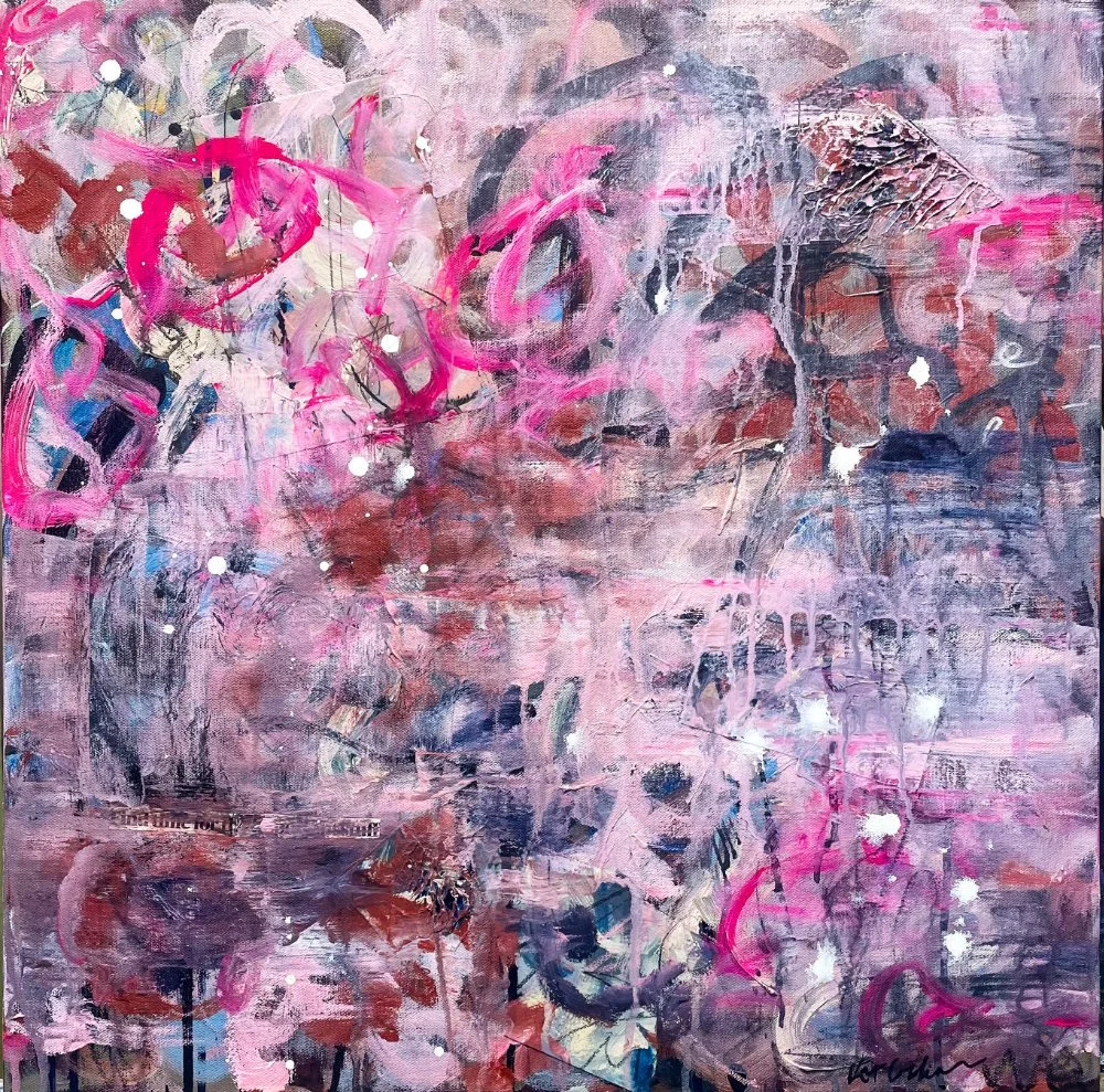 Abstract painting with pink, white, black, and brown brushstrokes, splatters, and layered textures.