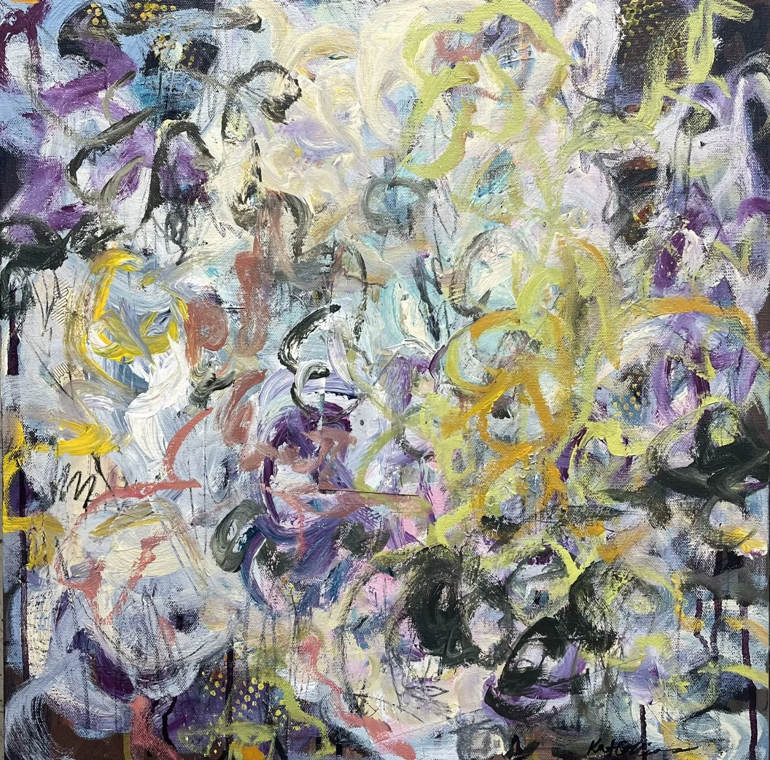 Abstract colorful painting with swirls and brushstrokes in shades of purple, yellow, black, white, and blue.