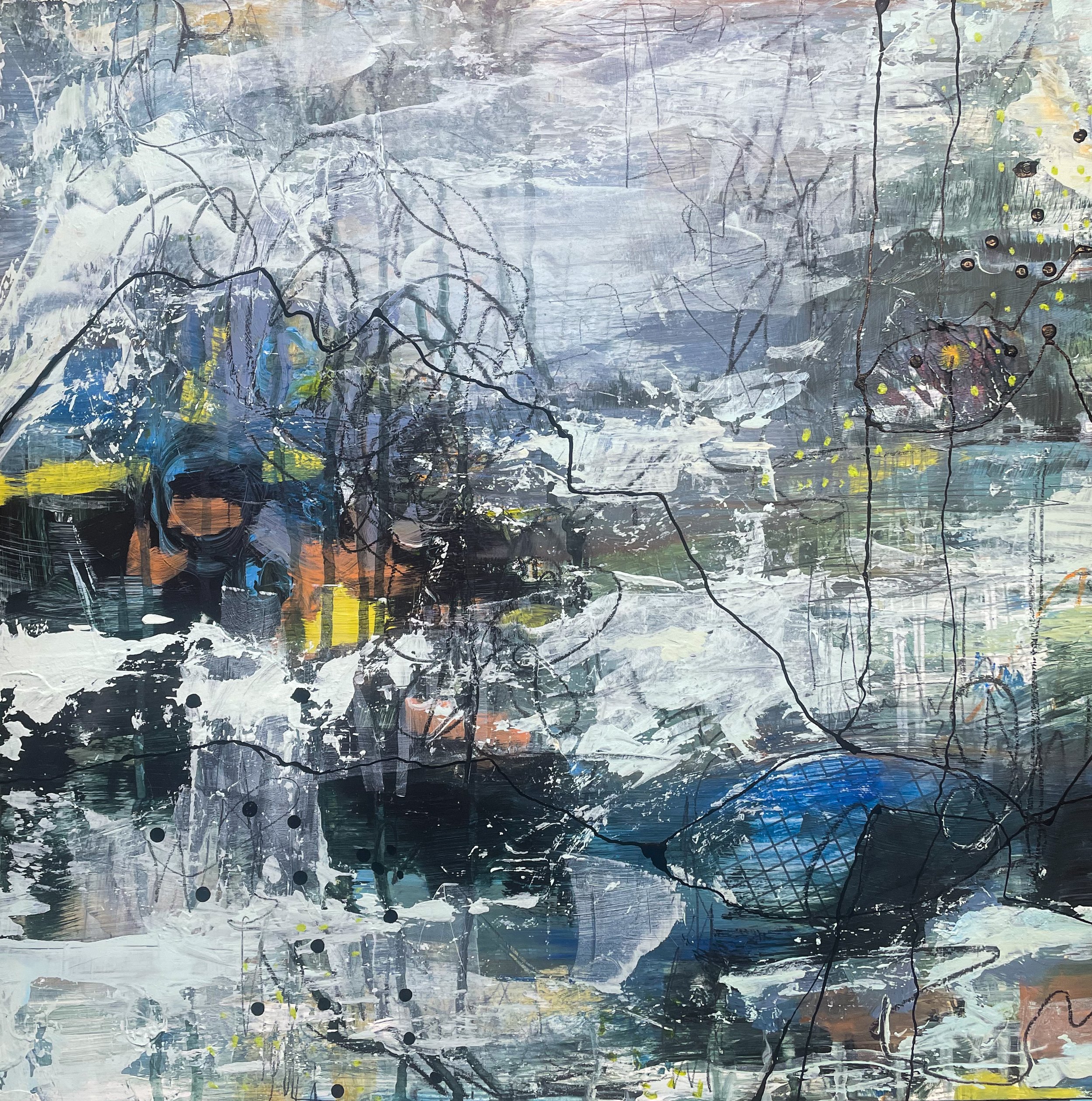 An abstract painting with a mix of white, gray, blue, black, and splashes of yellow and orange, featuring chaotic brush strokes, drips, and black lines.