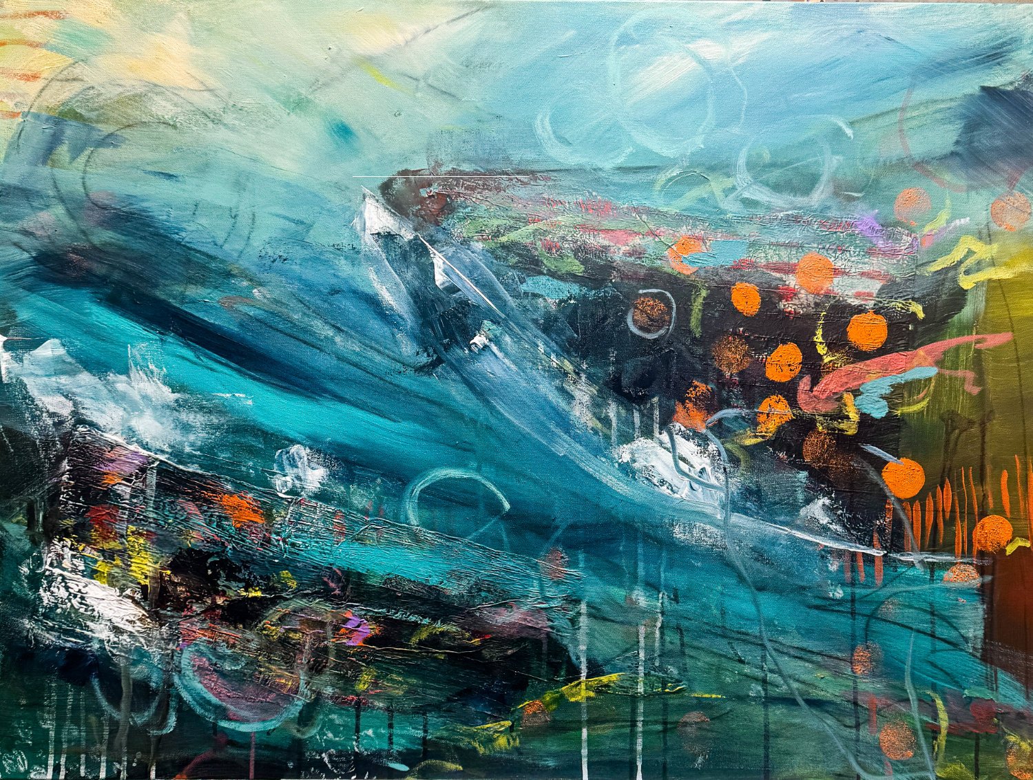 Abstract painting with swirling blue, black, and white strokes, orange dots, and hints of pink, yellow, and green.
