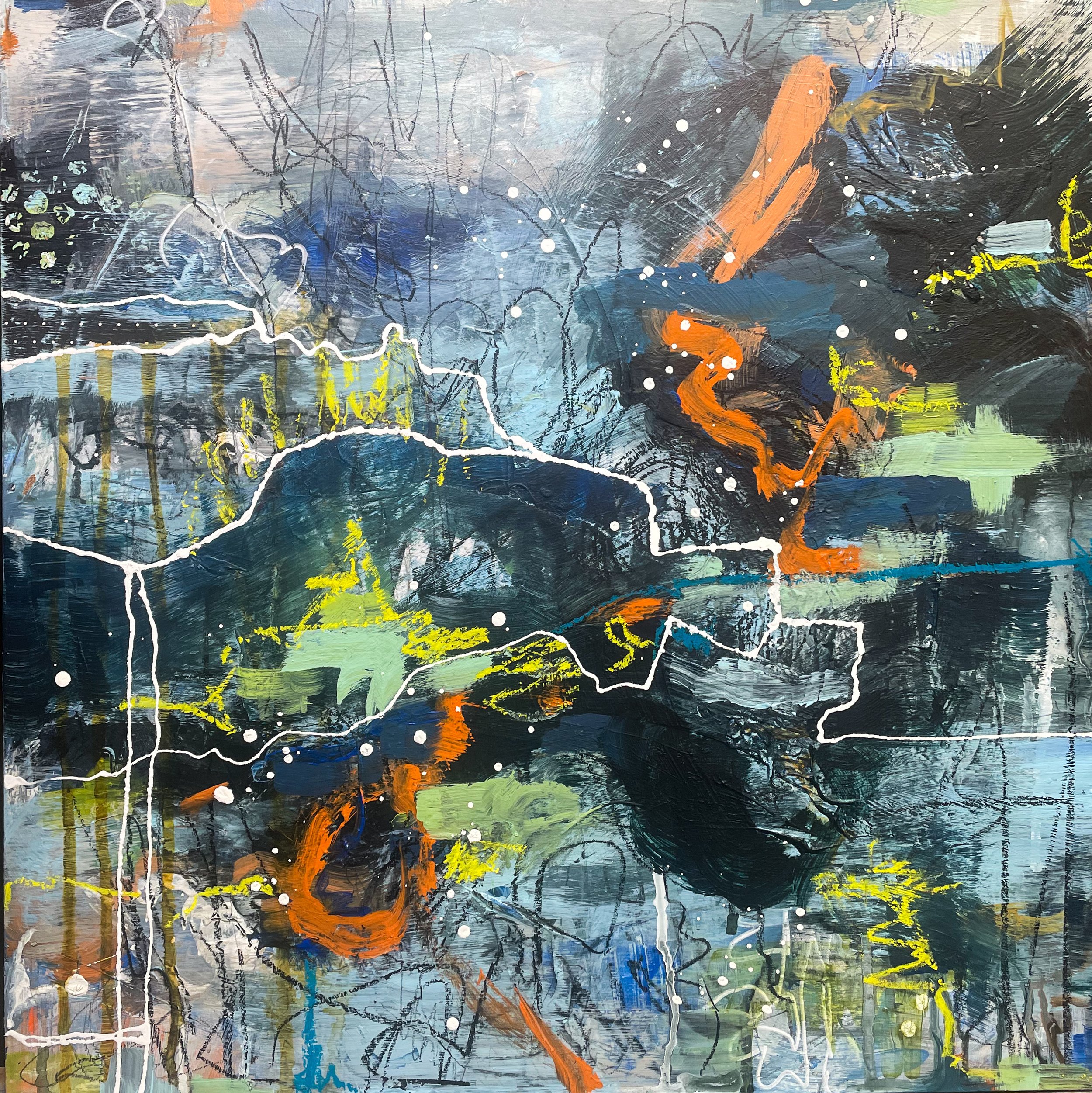 Abstract painting with a dark background featuring splashes of vibrant colors like orange, yellow, blue, and green, with white splatters and black scribbles.