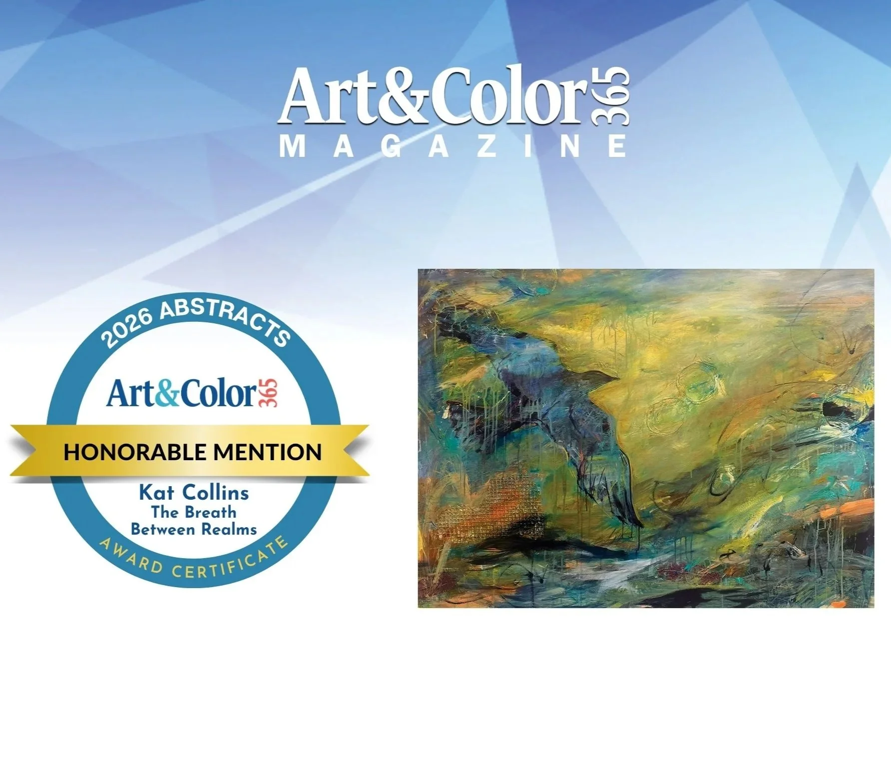 Art & Color 365 magazine cover with an abstract expressionist painting, award certificate, and a blue geometric background.