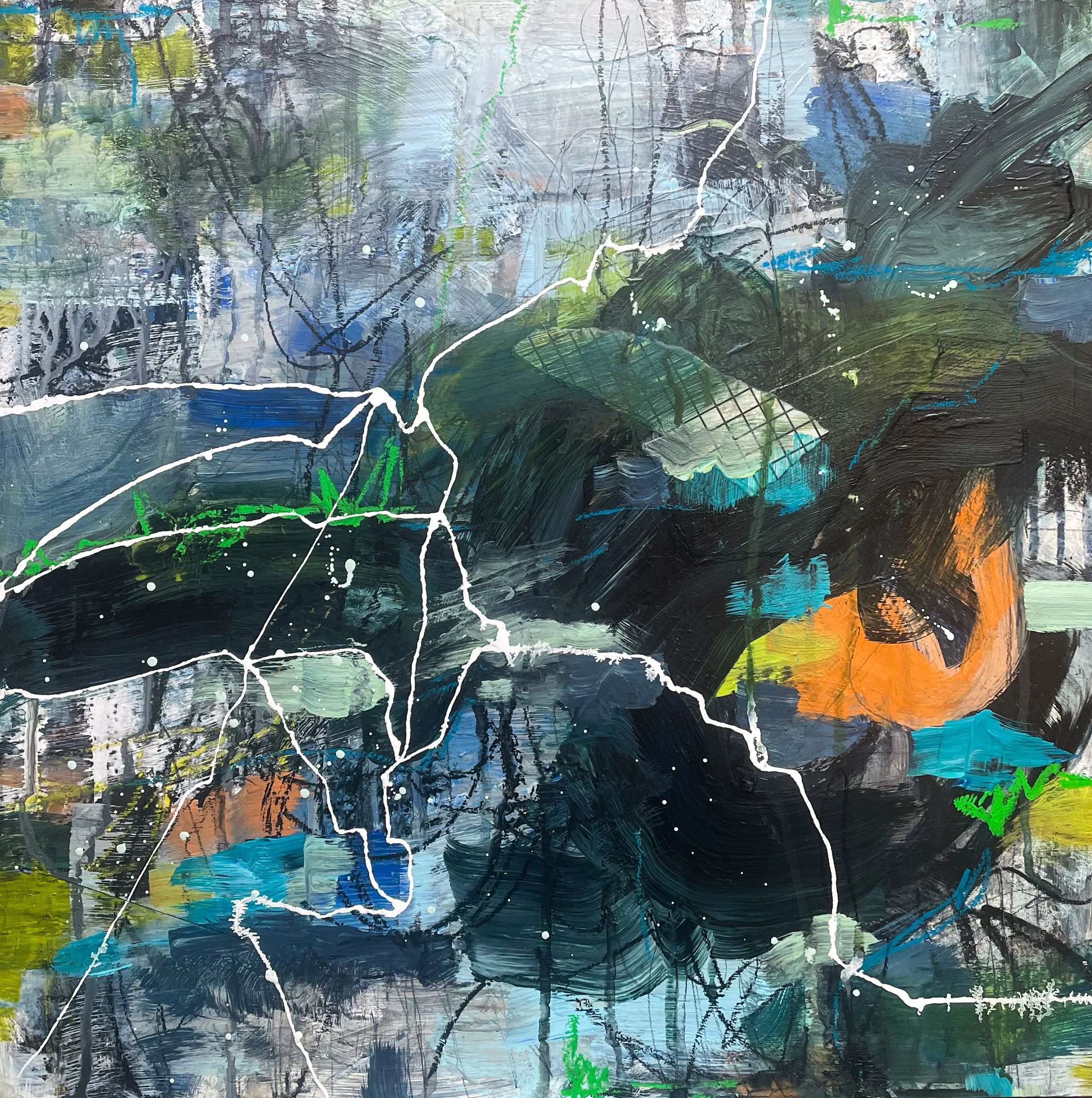 A colorful abstract painting featuring various splashes and strokes of blue, green, black, white, and orange paint, with some white lines and dots creating dynamic patterns.