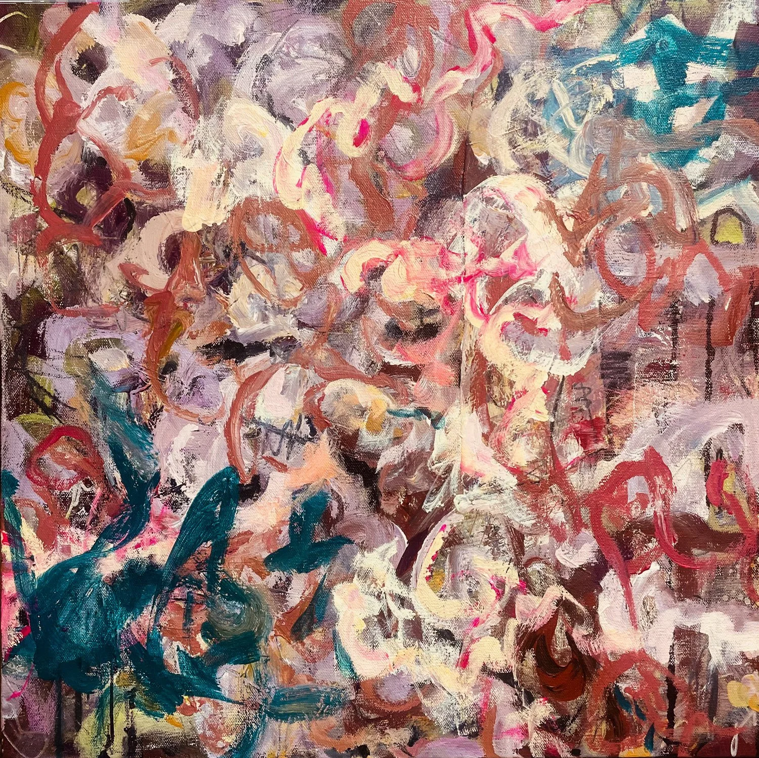 An abstract painting with vibrant, swirling brushstrokes in pink, purple, blue, brown, white, and black, creating a dynamic, chaotic composition.