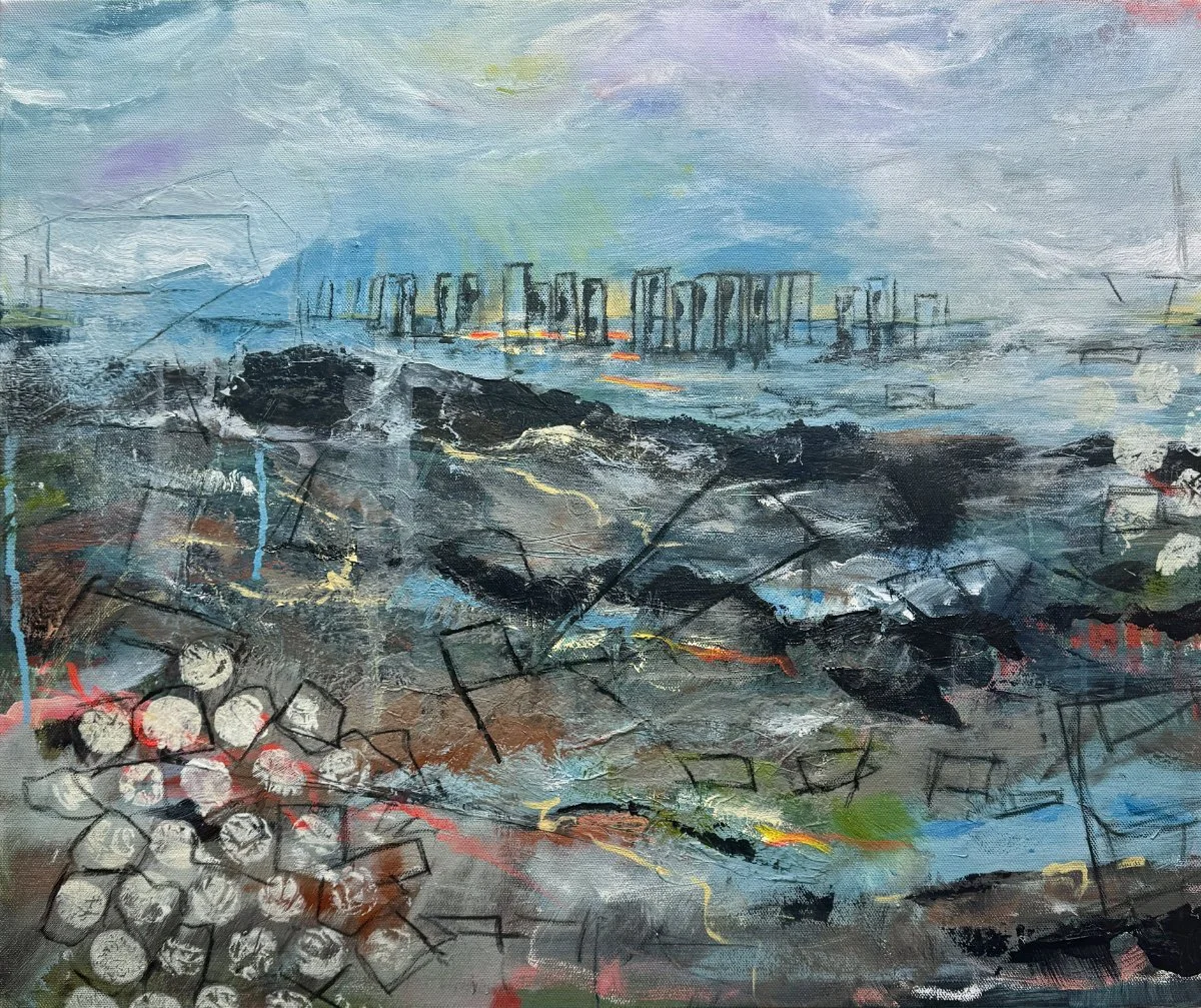 Abstract painting depicting a harbor scene with industrial structures, rocks, and a cloudy sky using dark and muted colors.