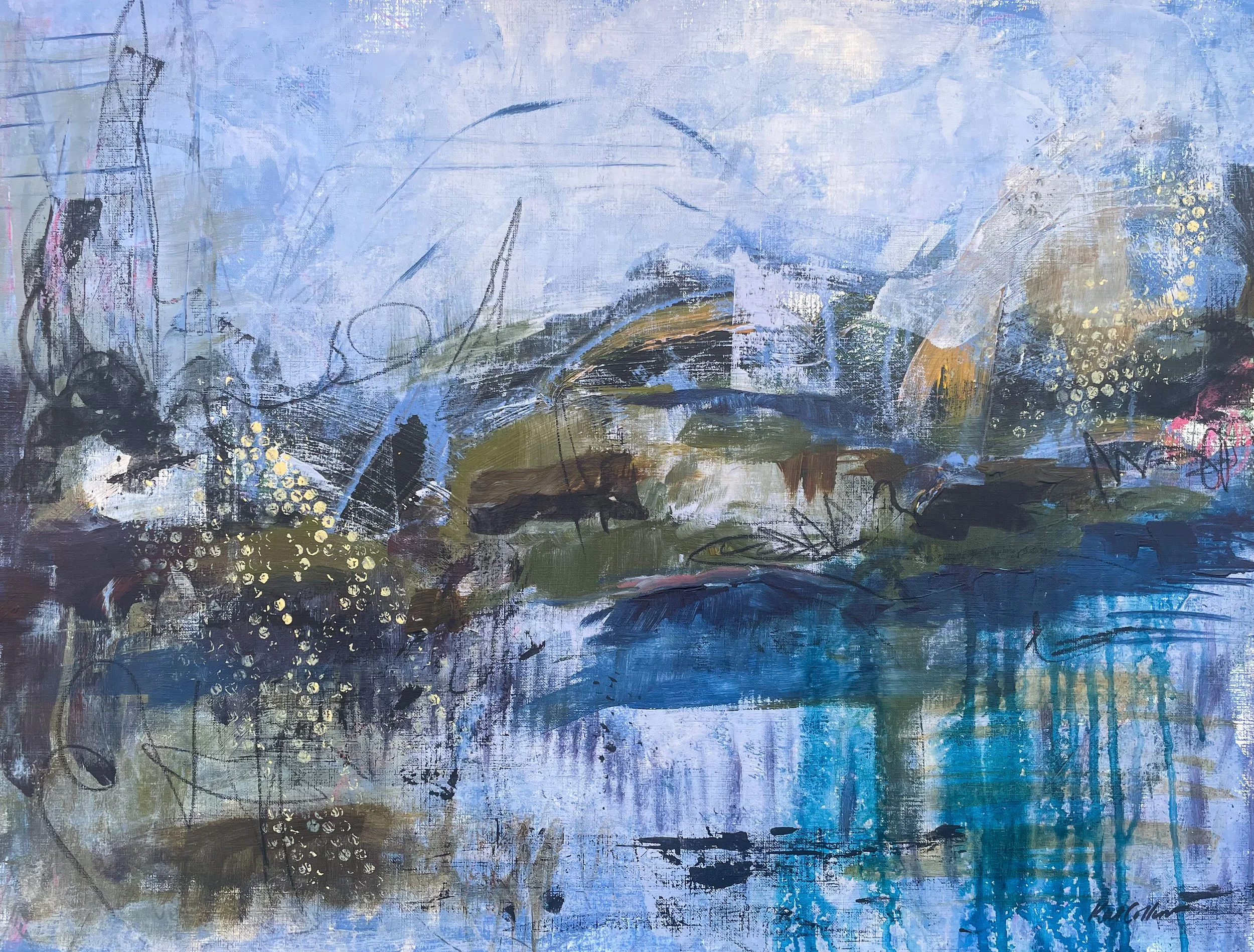 Abstract painting with various shades of blue, black, white, and yellow, featuring brushstrokes, splatters, and scribbles.