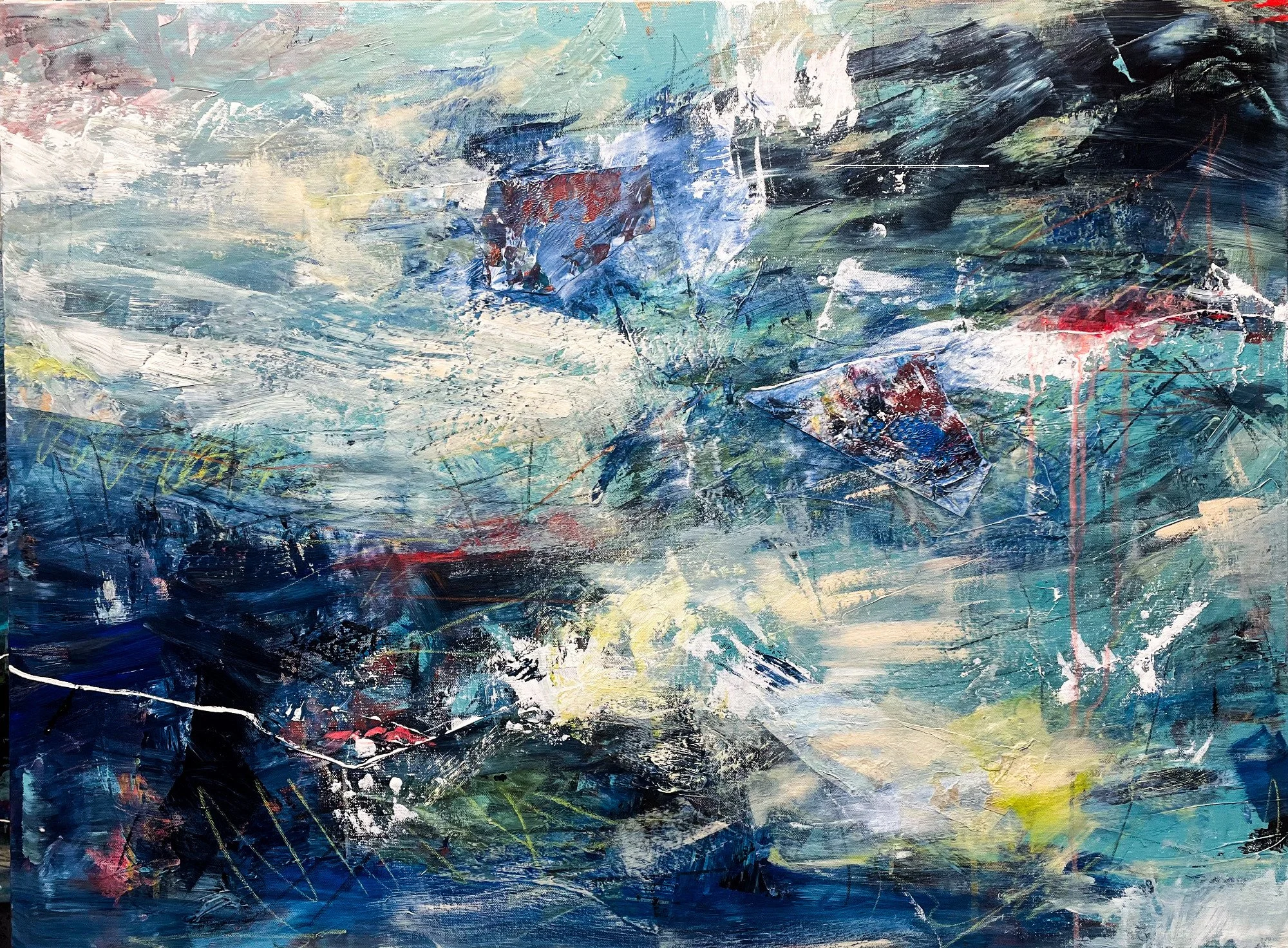 Abstract painting with dynamic brushstrokes in shades of blue, white, black, yellow, with hints of red and green, creating a sense of movement and energy.