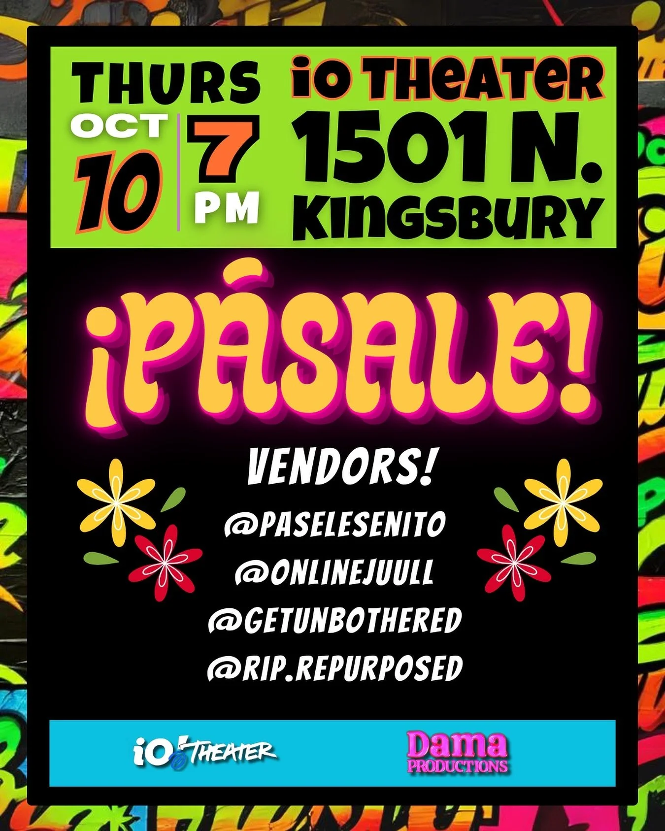 ⭐️ &iexcl;P&Agrave;SELE! Vendors! ⭐️

Excited to feature:
- @paselesenito 
- @onlinejuull 
- @getunbothered 
- @rip.repurposed 

Come check them out THIS THURSDAY OCTOBER 10TH at @iochicago! 

#damaproductions #pasele #iochicago #hispanicheritagemont