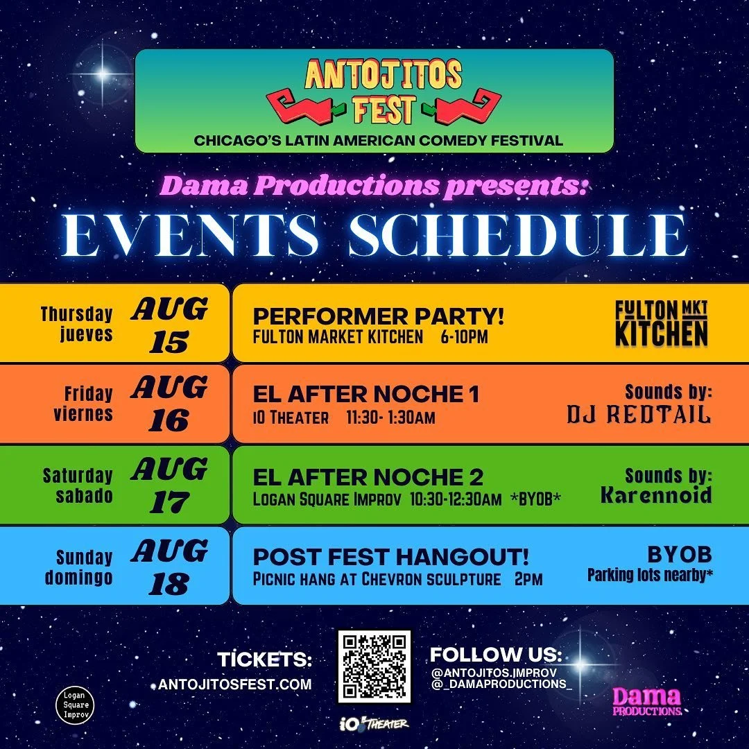 Dama Productions is BACK and collaborating with the beloved @antojitos.improv for their second annual Antojitos Fest! Check out the events schedule for all after parties and group hangs✨ 

Performer Party
Thursday August 15th 6-10pm 📍@fultonmarketki
