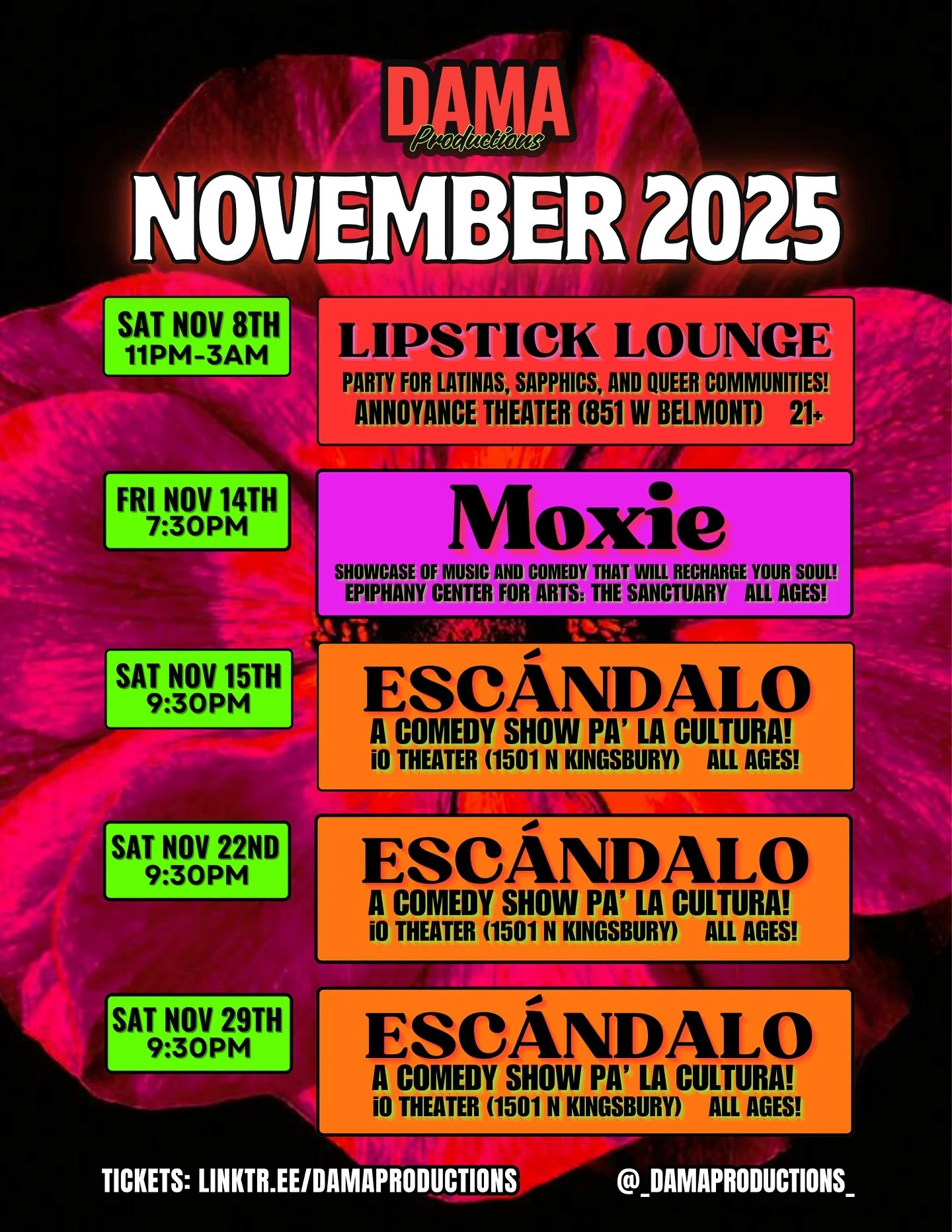 ⭐️DAMA PRODUCTIONS NOV 2025⭐️

As we round out a fantastic year, weare so excited to bring back our classics as well as welcome new collaborations! 

Tonight we have @__lipsticklounge__! An immersive sapphic party at @the_annoyance ✨ This month&rsquo