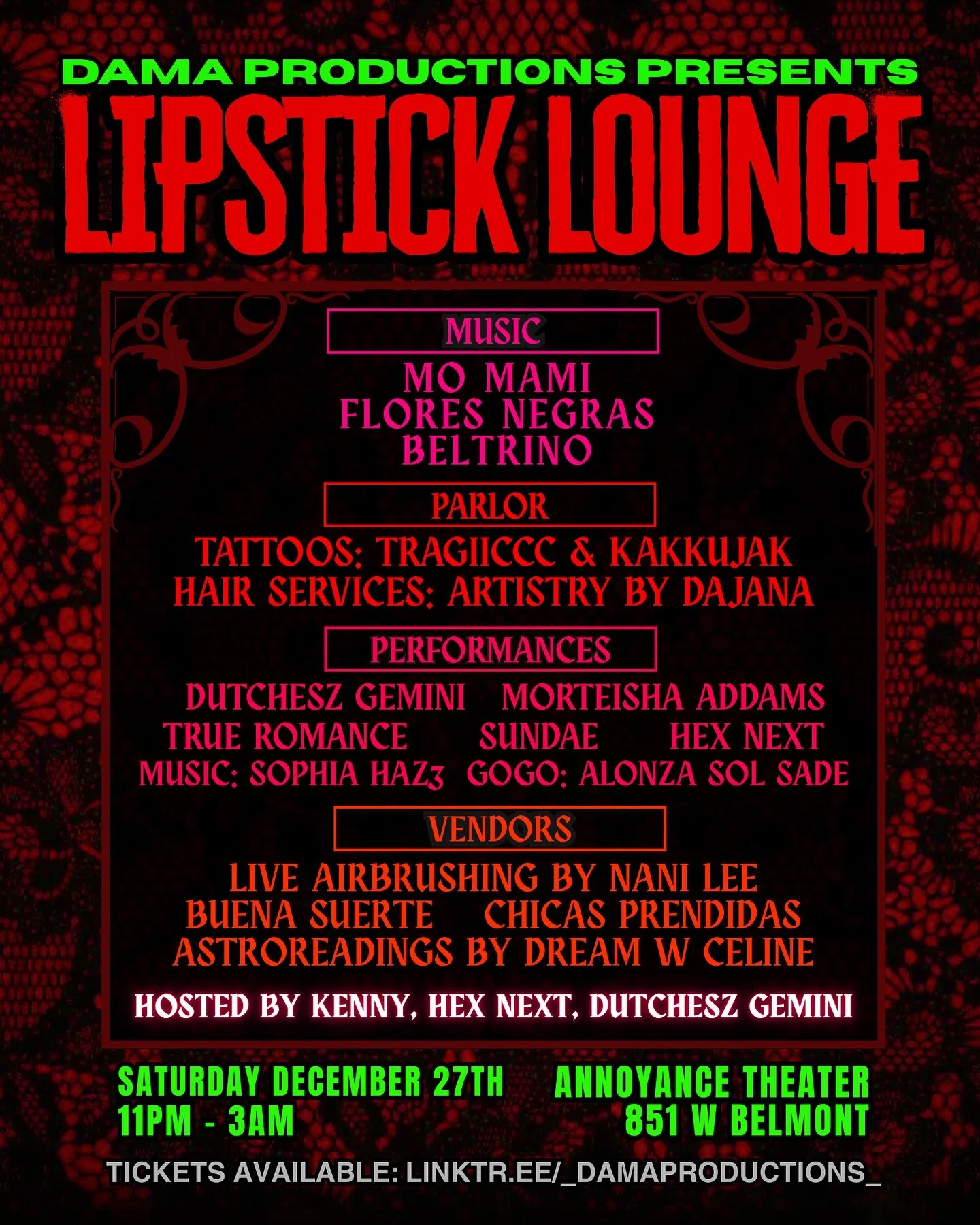 🕸️ LIPSTICK LOUNGE: SHADOW SOCIETY 🕸️

Excited to share our lineup for this month&rsquo;s function! @__lipsticklounge__ is a SAPPHIC, QUEER LATINA, AND GIRLS PARTY! We welcome all queer communities and invite all women, baby gays, and hot tias 💋

