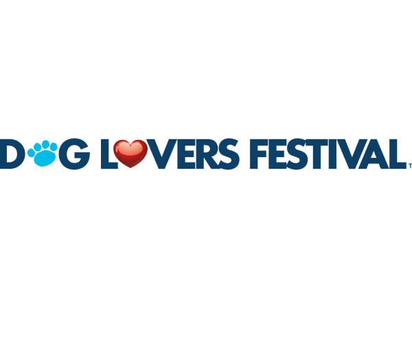 Logo for the Dog Lovers Festival with a blue paw print, a red heart, and text in blue.