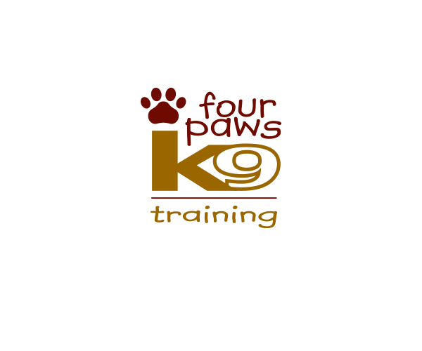 Logo for Four Paws K9 Training featuring a black dog silhouette, a red paw print, and text in red, brown, and yellow.