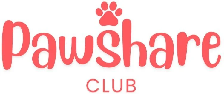 Logo for Pawshare Club with the word 'Pawshare' in pink, playful font and a pink paw print above the 'w'.