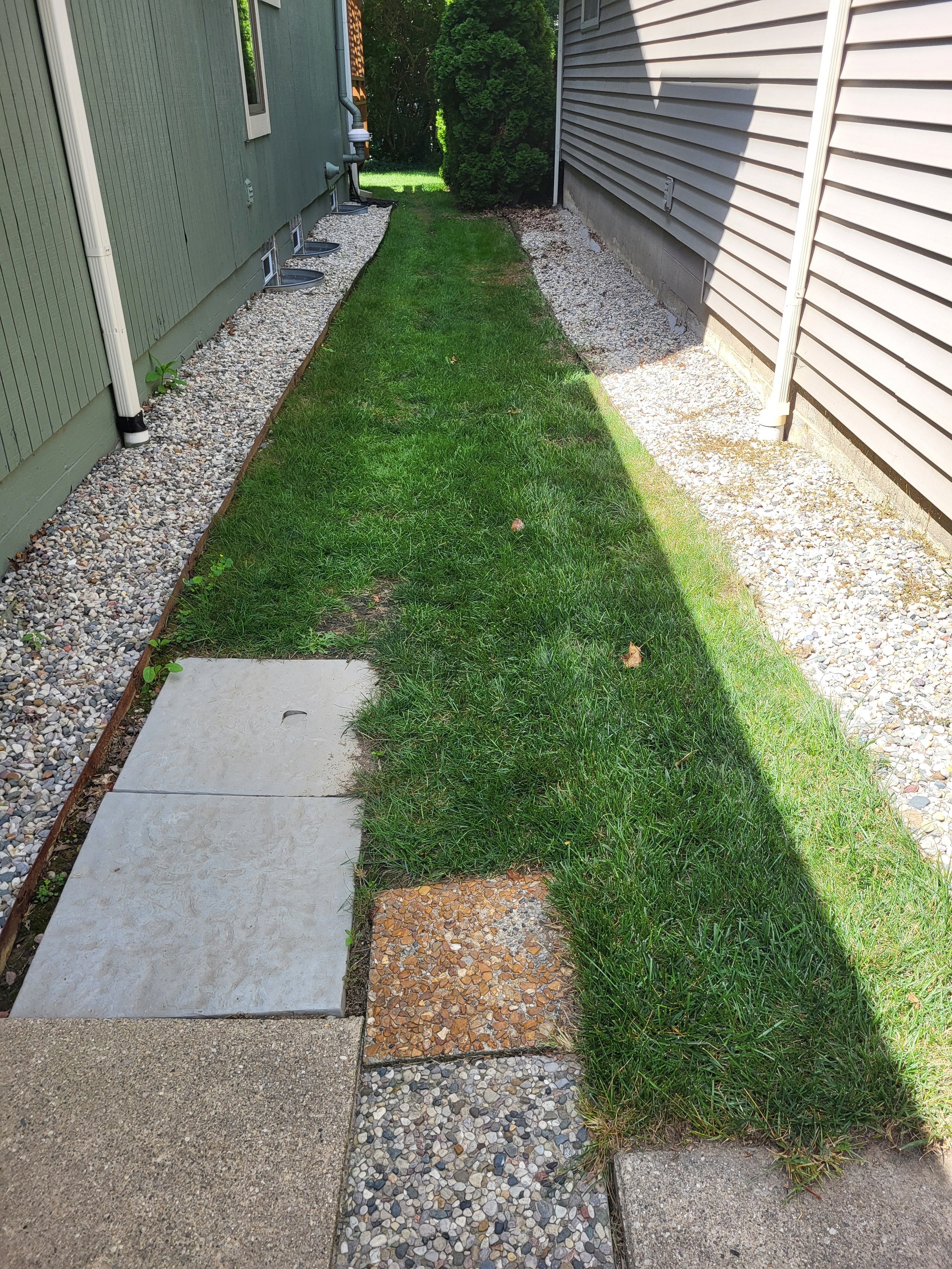 Narrow backyard alleyway between two houses, with grass in the center, concrete and stone walkways, and gravel borders along the house walls. There are trees and bushes in the background.