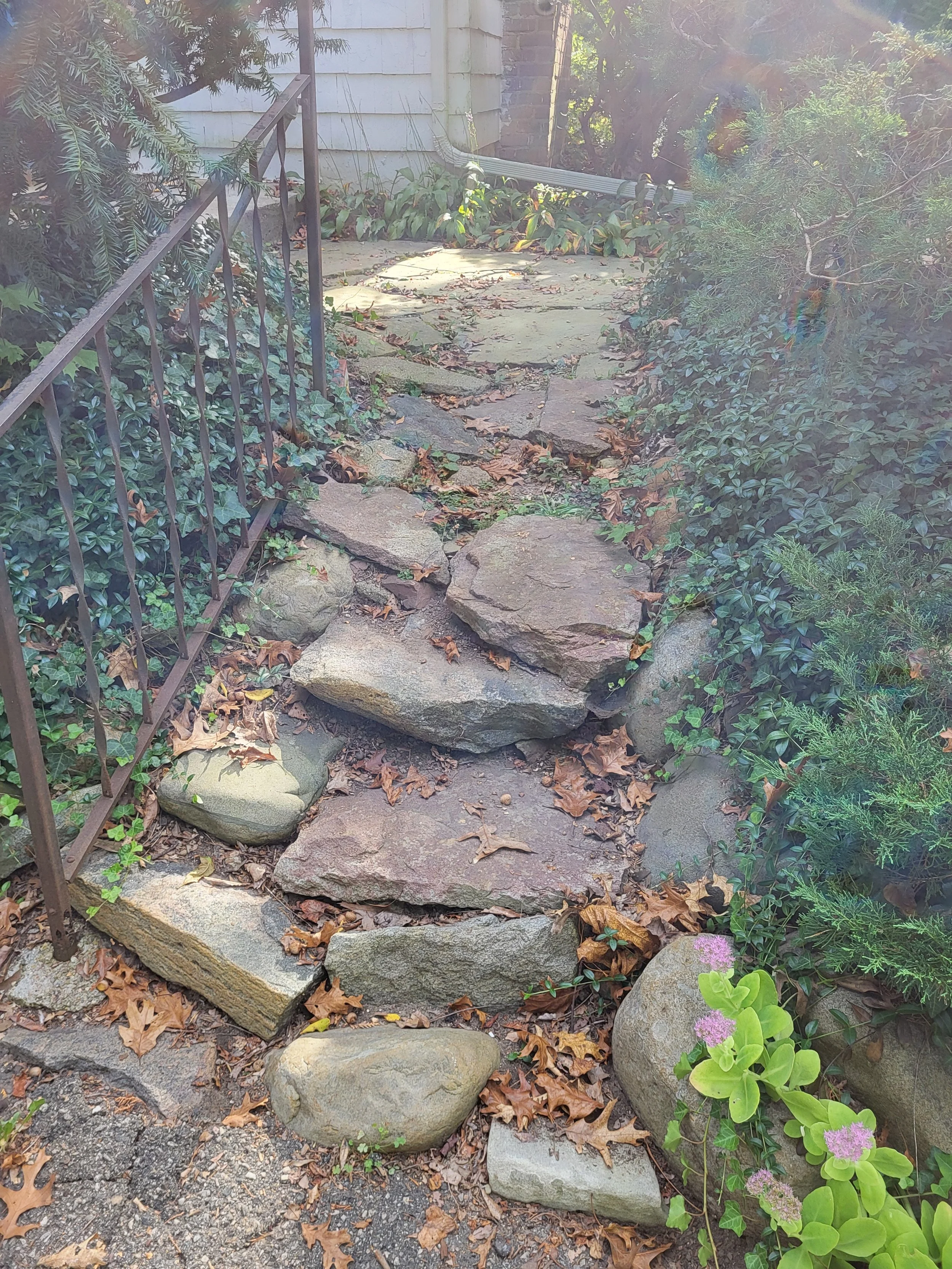 A stone pathway with uneven and broken stones, surrounded by plants and fallen leaves, with a metal railing on the left side and a house wall in the background.