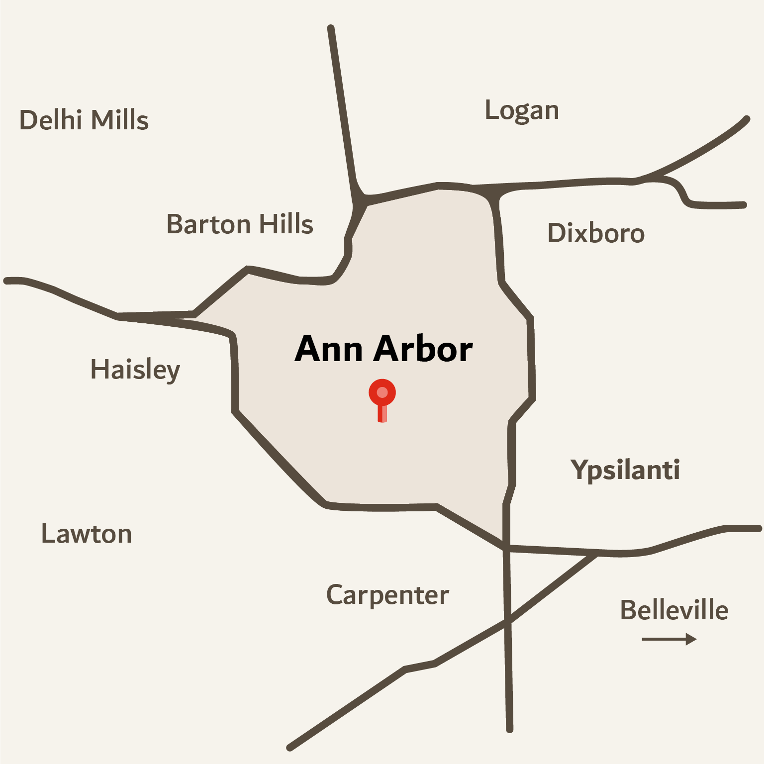 Map of Ann Arbor and surrounding areas in Michigan, showing neighboring towns such as Delhi Mills, Barton Hills, Haisley, Lawton, Ypsilanti, Belleville, Dixboro, Logan, and streets connecting these locations.