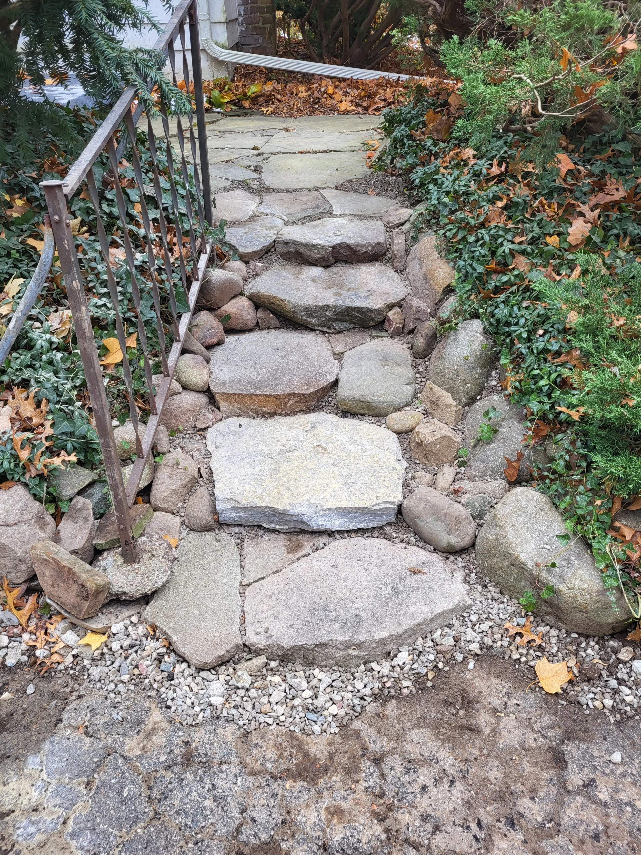 Stone pathway with steps bordered by plants and a metal railing