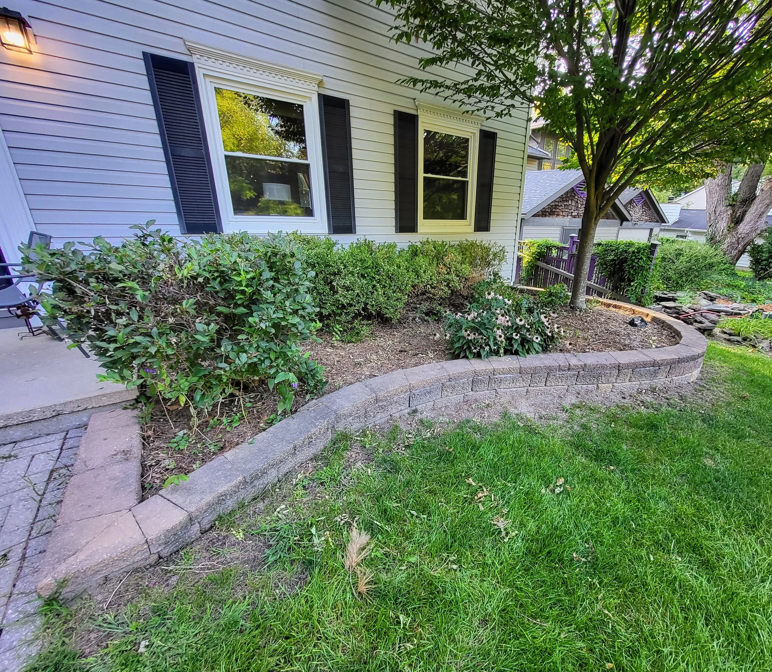 Front yard with a messy flower bed, and uneven shrubbery bordered by gray bricks, green shrubs, a tree, and a house with beige siding and black shutters.