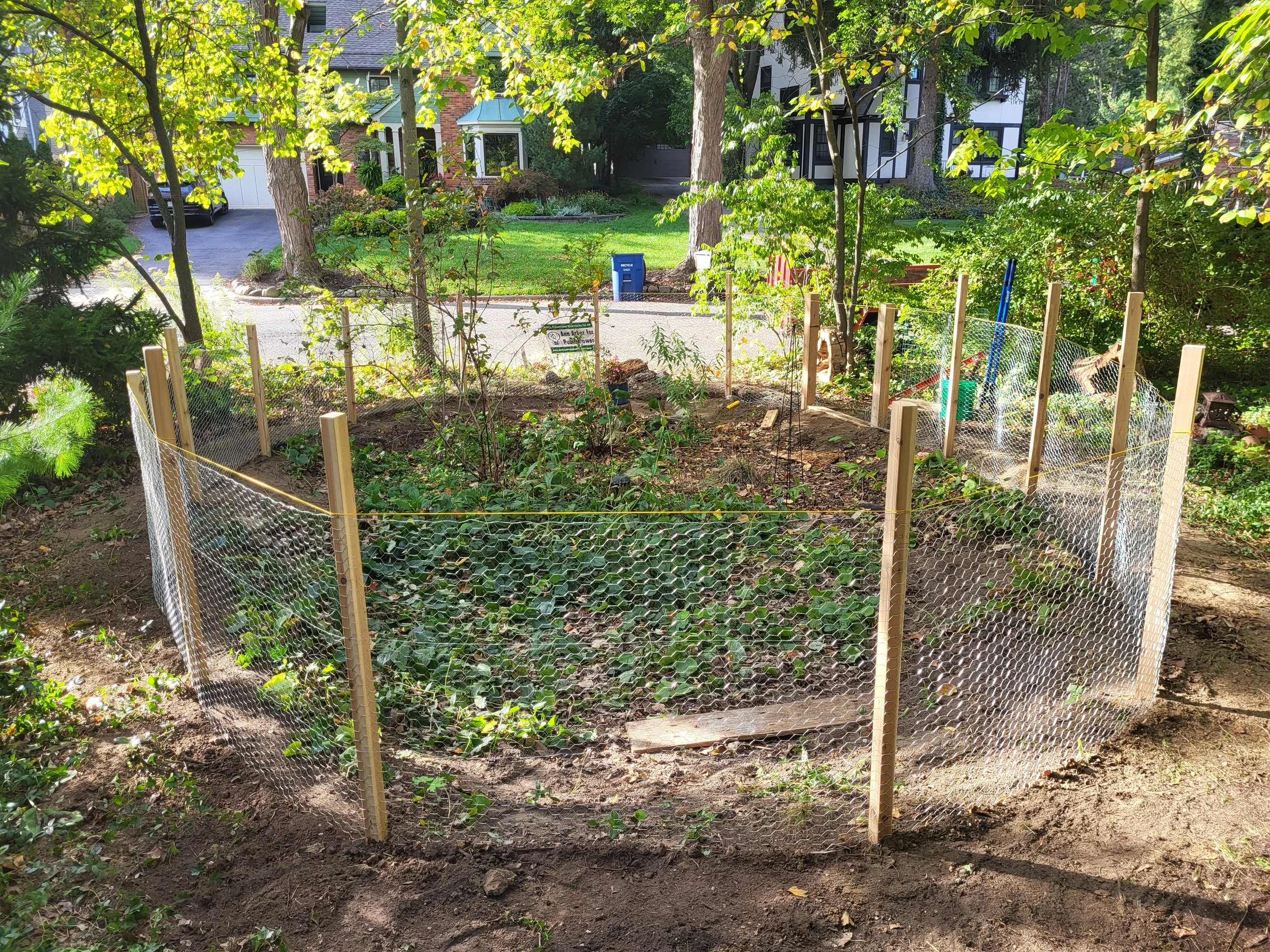 A garden bed surrounded by a wire fence with wooden posts, located in a backyard with trees and neighboring houses in the background.