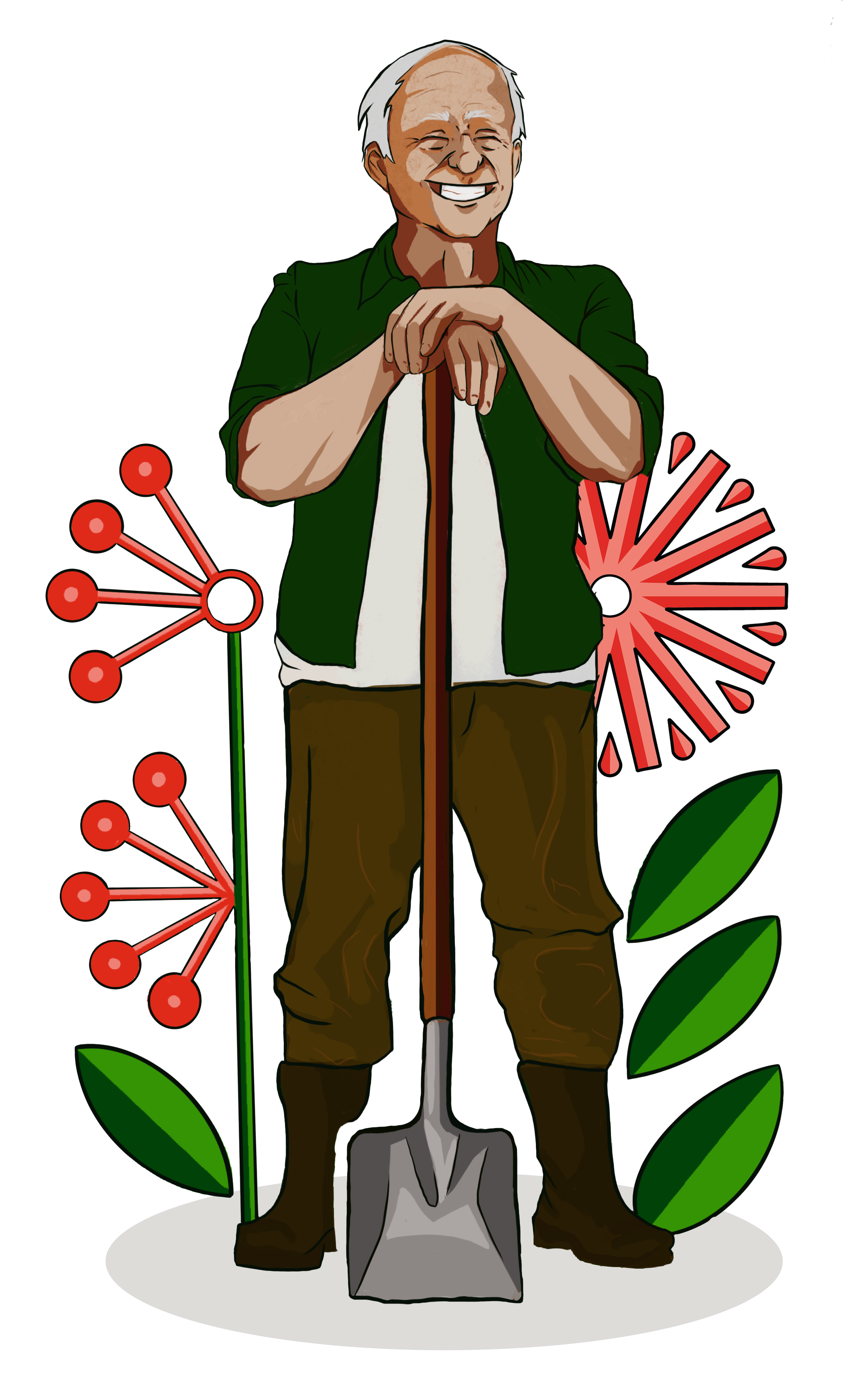 Grandpa Stolarski with a Shovel and Revolutionary Gardens logo in the background