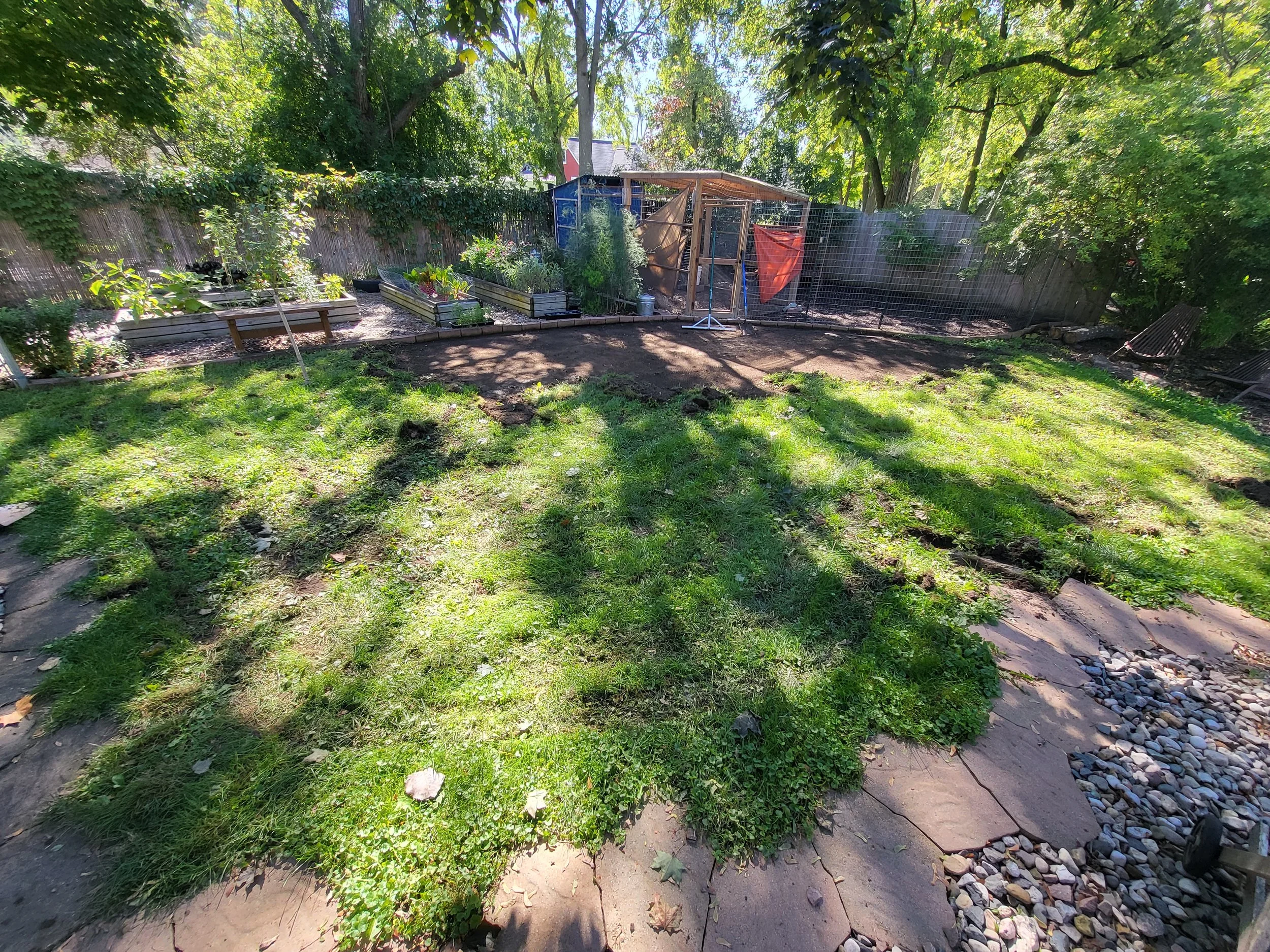 Backyard garden with raised beds and compost bin, shaded by trees, with a fence and garden tools.