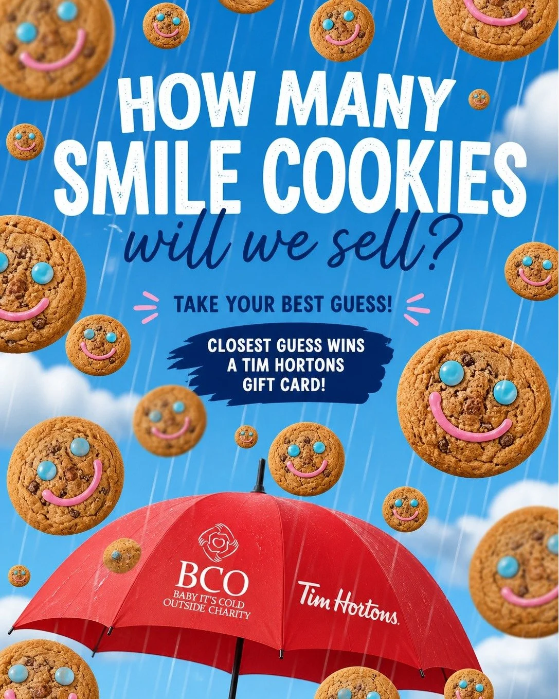 Happy Friday!! It's raining cookies in a good way! 

As of this morning we have sold 7, 140 Cookies!!!!

So FUN CHALLENGE TIME.... post your guess below this pic of how many cookies we will sell by Sunday. Closest guess WINS a Tim's Gift Card!

So, h