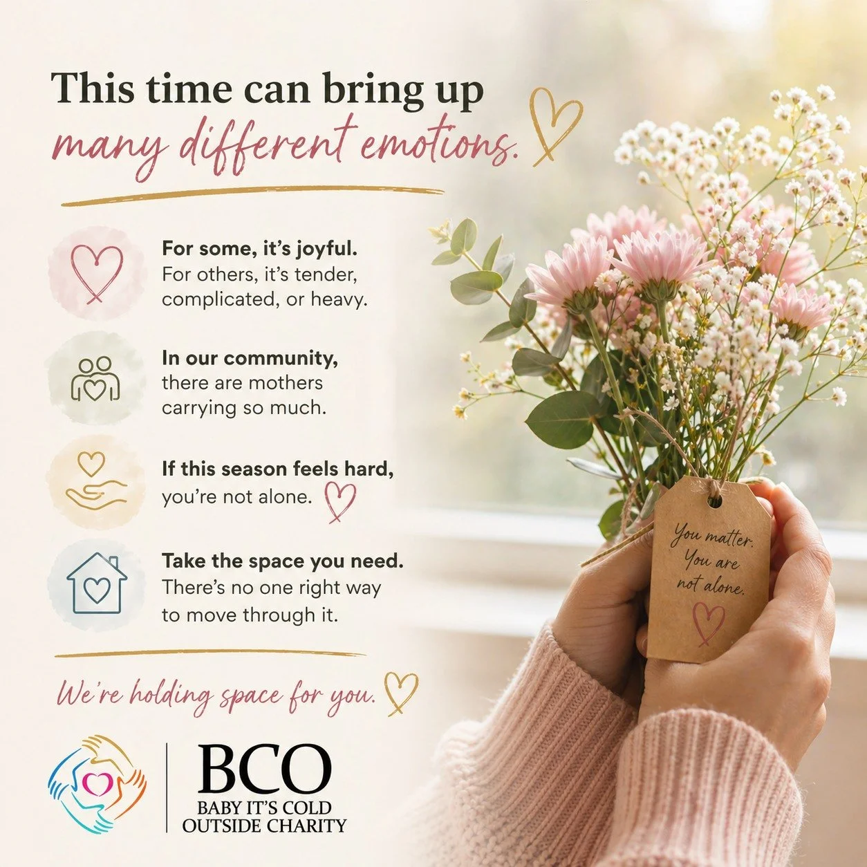 As Mother&rsquo;s Day approaches, we know this time can bring up many different emotions.

For some, it&rsquo;s joyful. For others, it&rsquo;s tender, complicated, or heavy.

In our community, there are mothers carrying so much, navigating illness, l