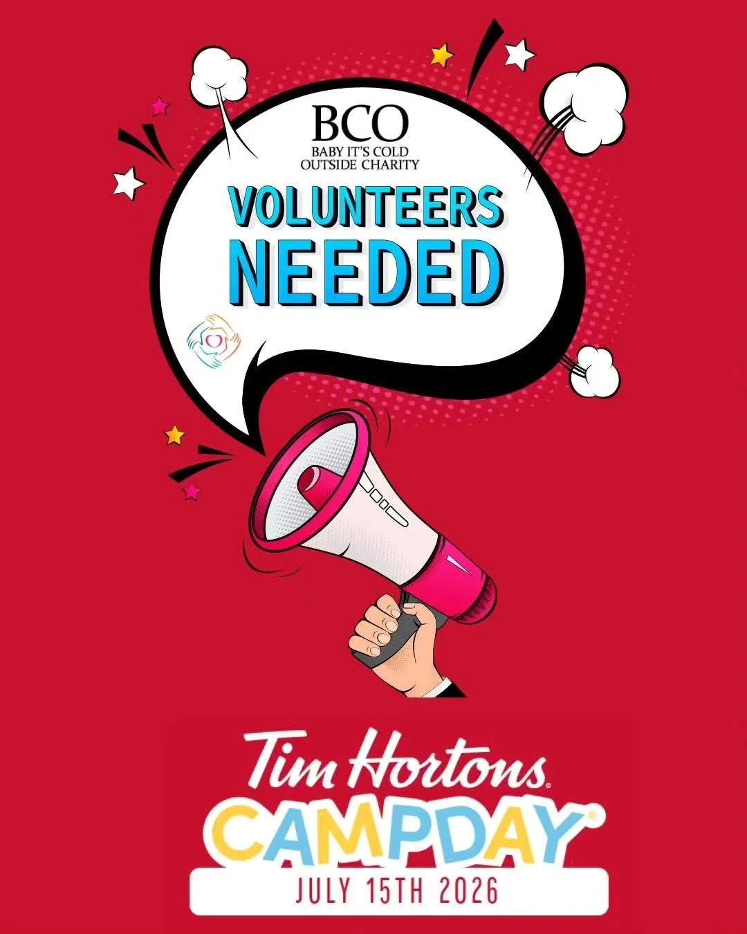Friends of BCO!

We need just a few more volunteers for Wednesday!

2 time slots available.

1&ndash;4 volunteers at the Okotoks-Wendy's/Tim Horton's location:
10:30-11:30am
12:30-1:30pm. 

If you can help us please email admin@babyitscoldoutsidechar