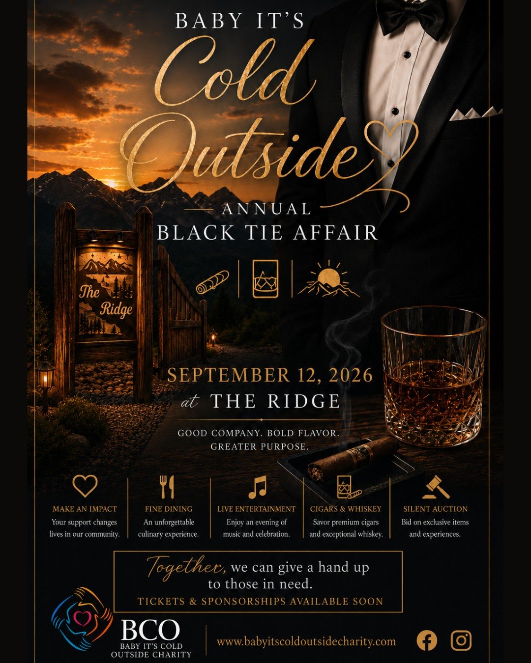 Our Annual Black Tie Affair is back and better than ever!

🥃 Tickets are officially ON SALE NOW 🥃

September 12, 2026 at @theridgeokotoks 

A full evening of elegance and fun. 

Grab your tickets, table of four, or table of eight at the link in our
