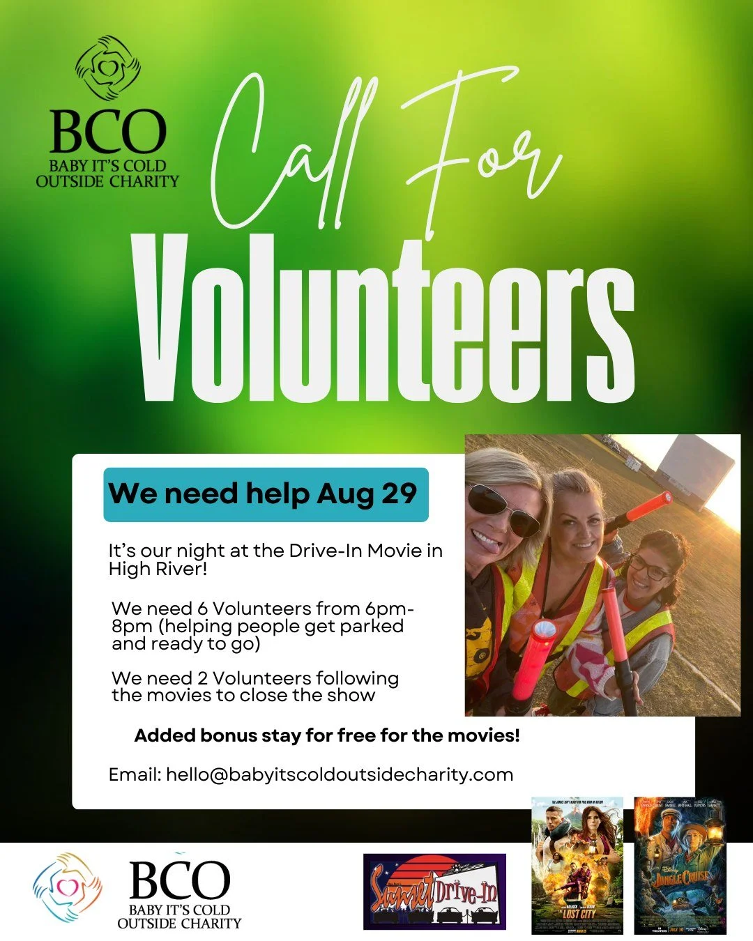 📣 Calling Volunteers!

August 29 is the BCO Night at the High River Sunset Drive In! And we need some volunteers to help us out!

6 people needed from 6:00-8:00PM to help cars get parked (bonus you can stay for the movies!)
2 people needed following