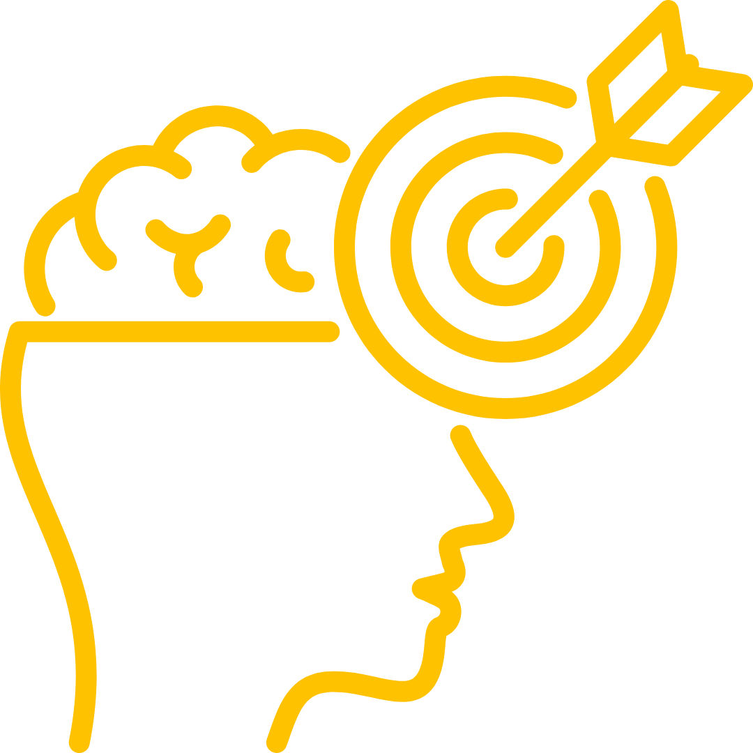 Yellow outline of a human head with a brain and a target with an arrow hitting the bullseye inside the head.