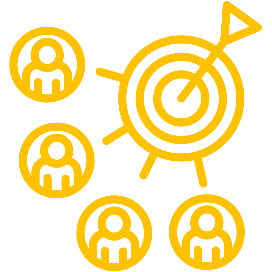 Yellow icon of a target with an arrow hitting the center, surrounded by four yellow icons of people on a black background.