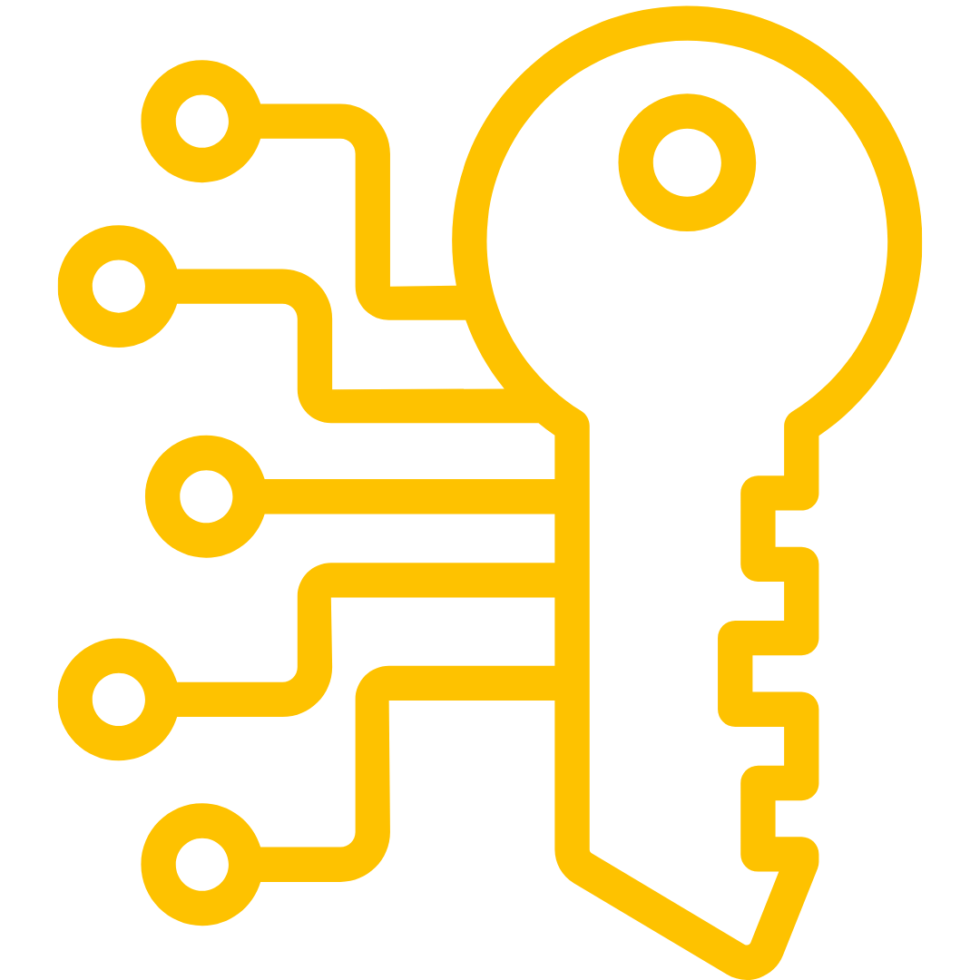 A yellow illustration of a human head profile combined with a circuit board pattern on a black background.