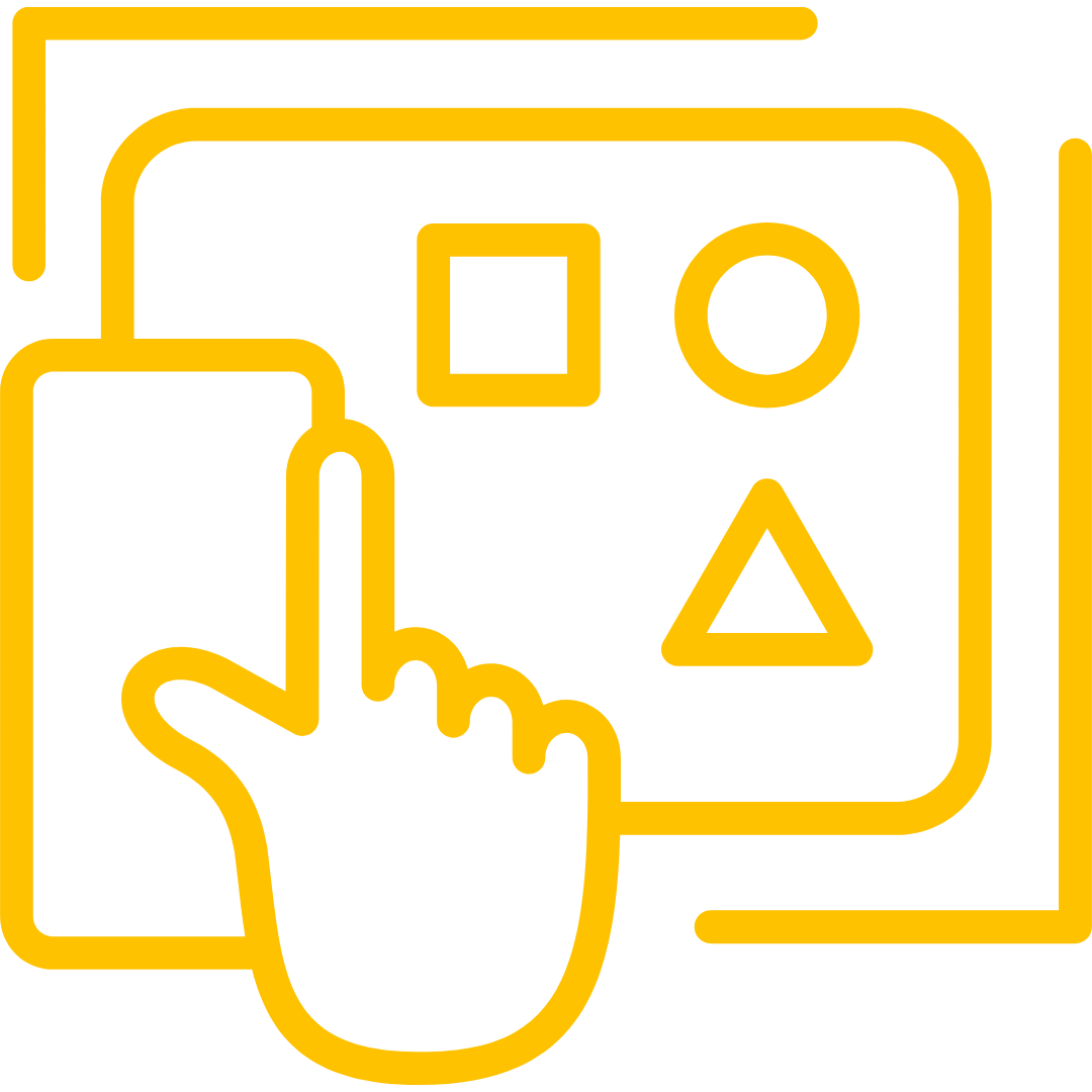 A digital interface with a hand touching a menu button featuring geometric shapes, depicted with yellow outlines on a black background.
