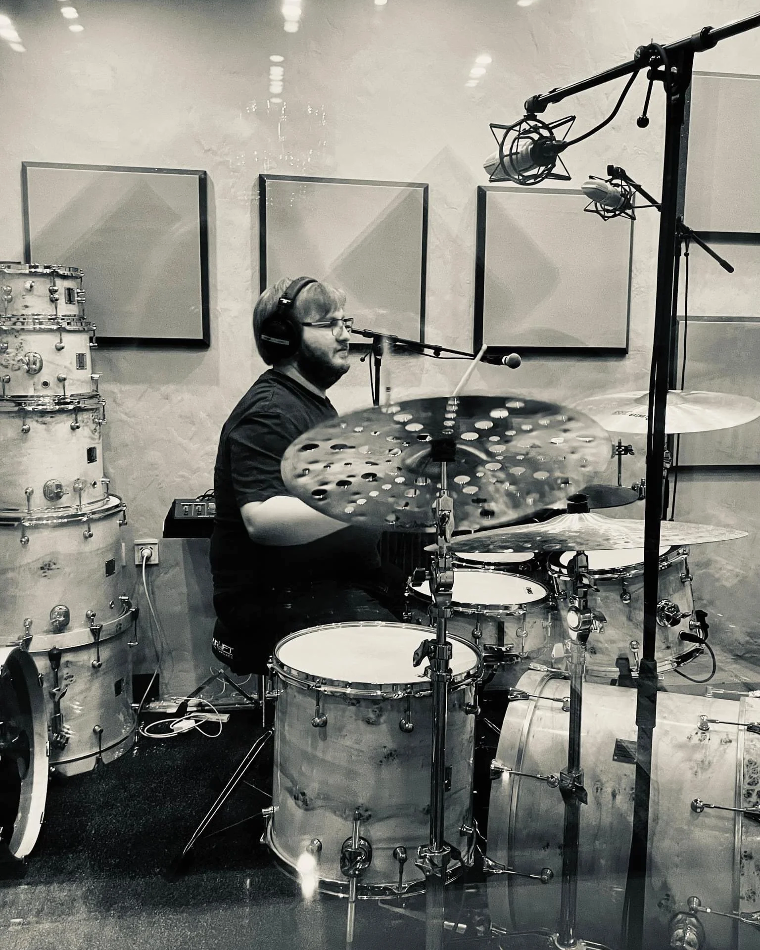 Jack Bowman recording drums at BAY Custom Studios.