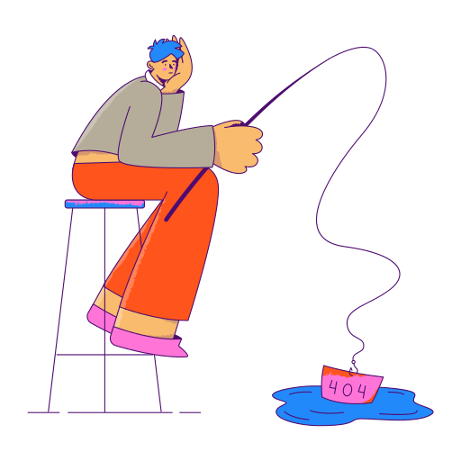 A person with blue hair sitting on a stool, looking sad, with a fishing line cast into a puddle labeled '404'.