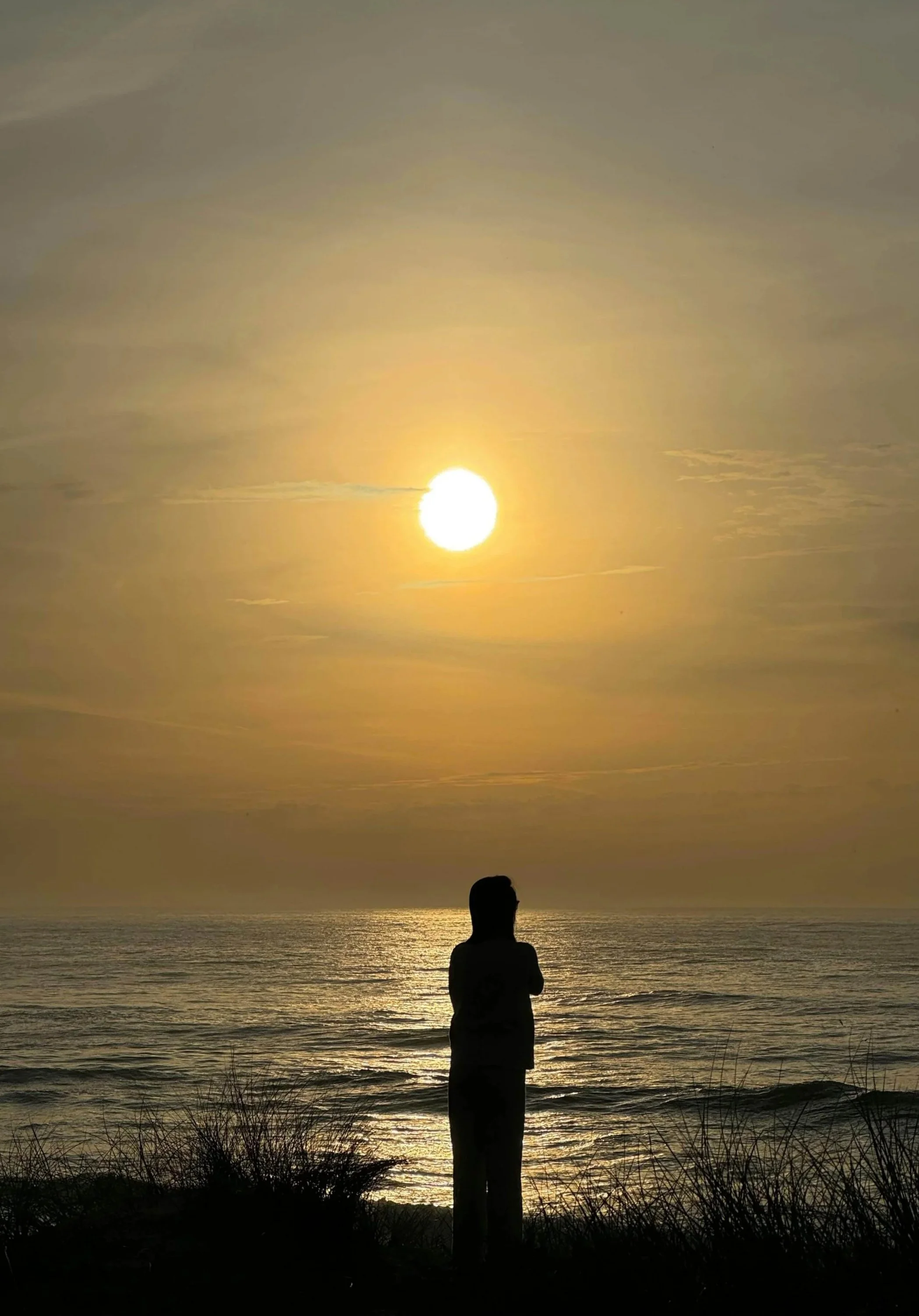 A person silhouetted against a sunset over the ocean, with the sun low in the sky and partially obscured by thin clouds, and grasses in the foreground.