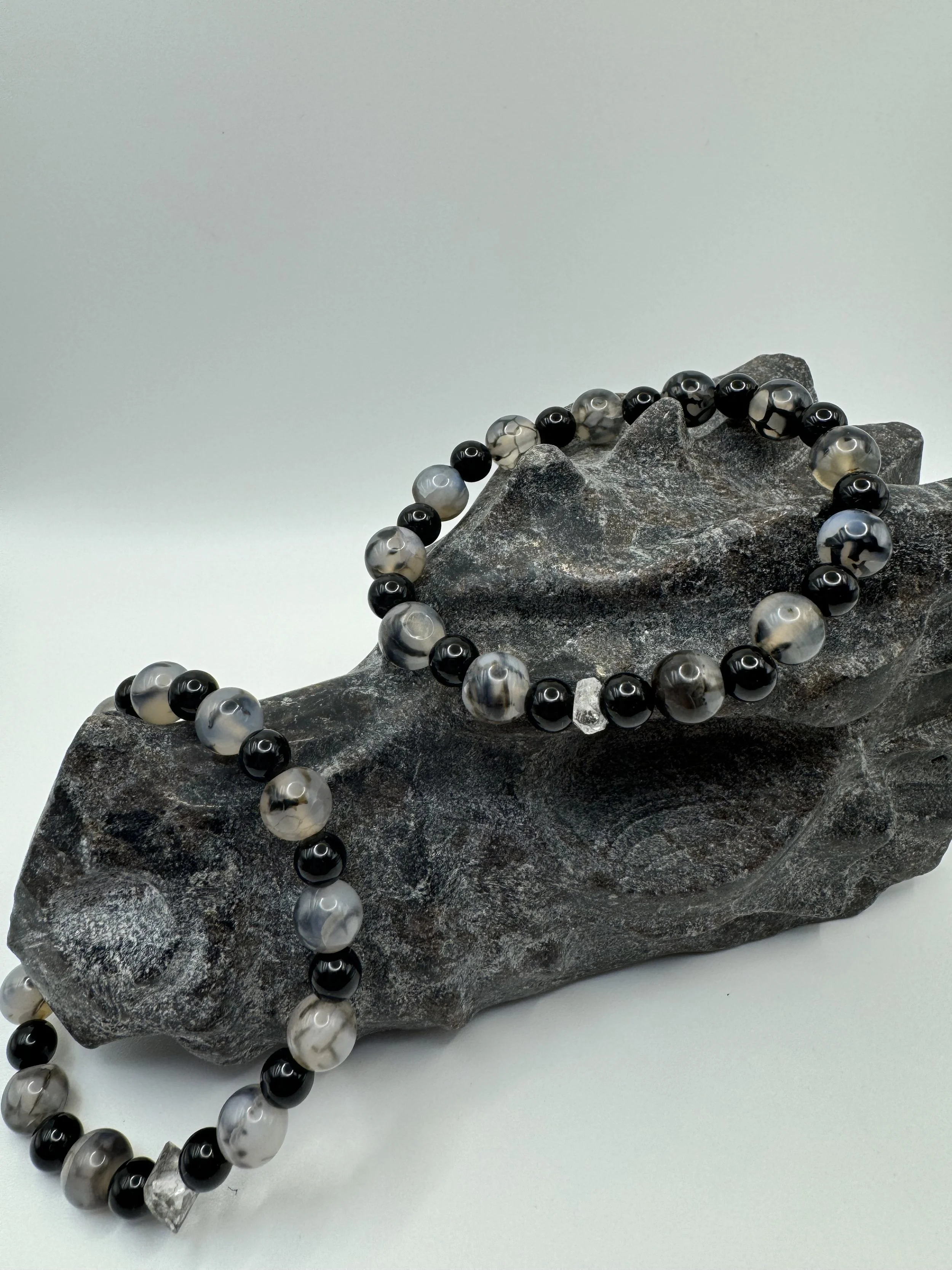 Dragon Vein Agate, Onyx, and Herkimer Bracelet