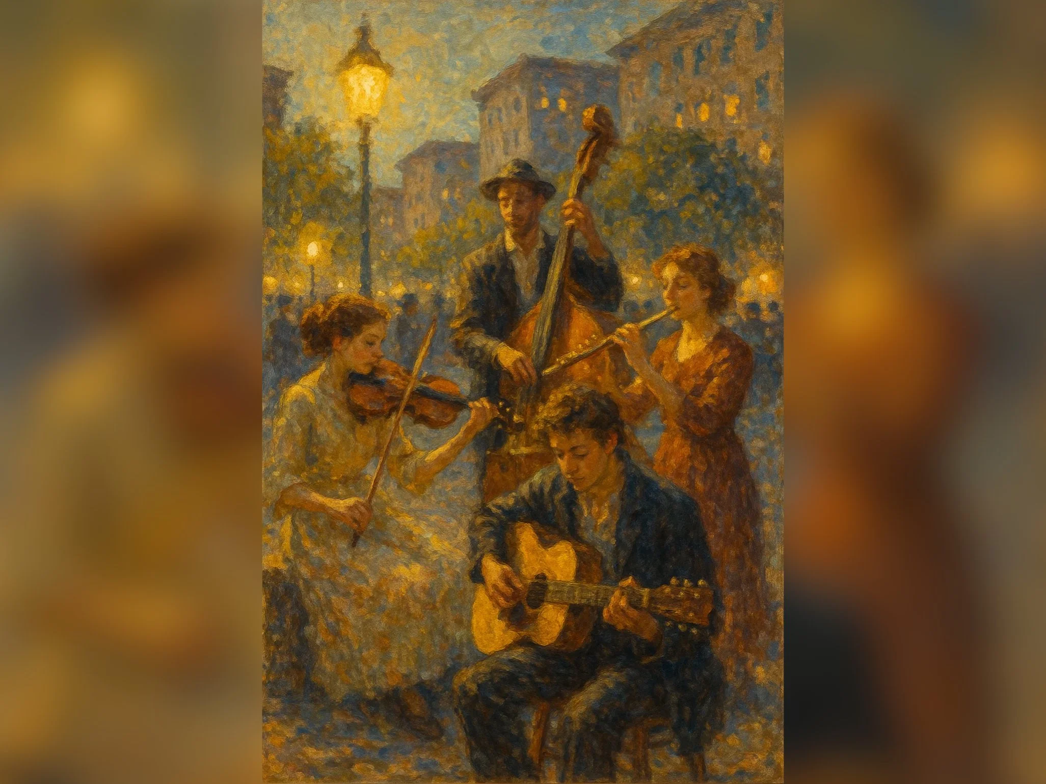A painting of four street musicians playing instruments in a city square at dusk. One woman plays the violin, another woman plays the flute, a man in a suit plays guitar, and a man with a hat plays a double bass. The scene is illuminated by streetlights.
