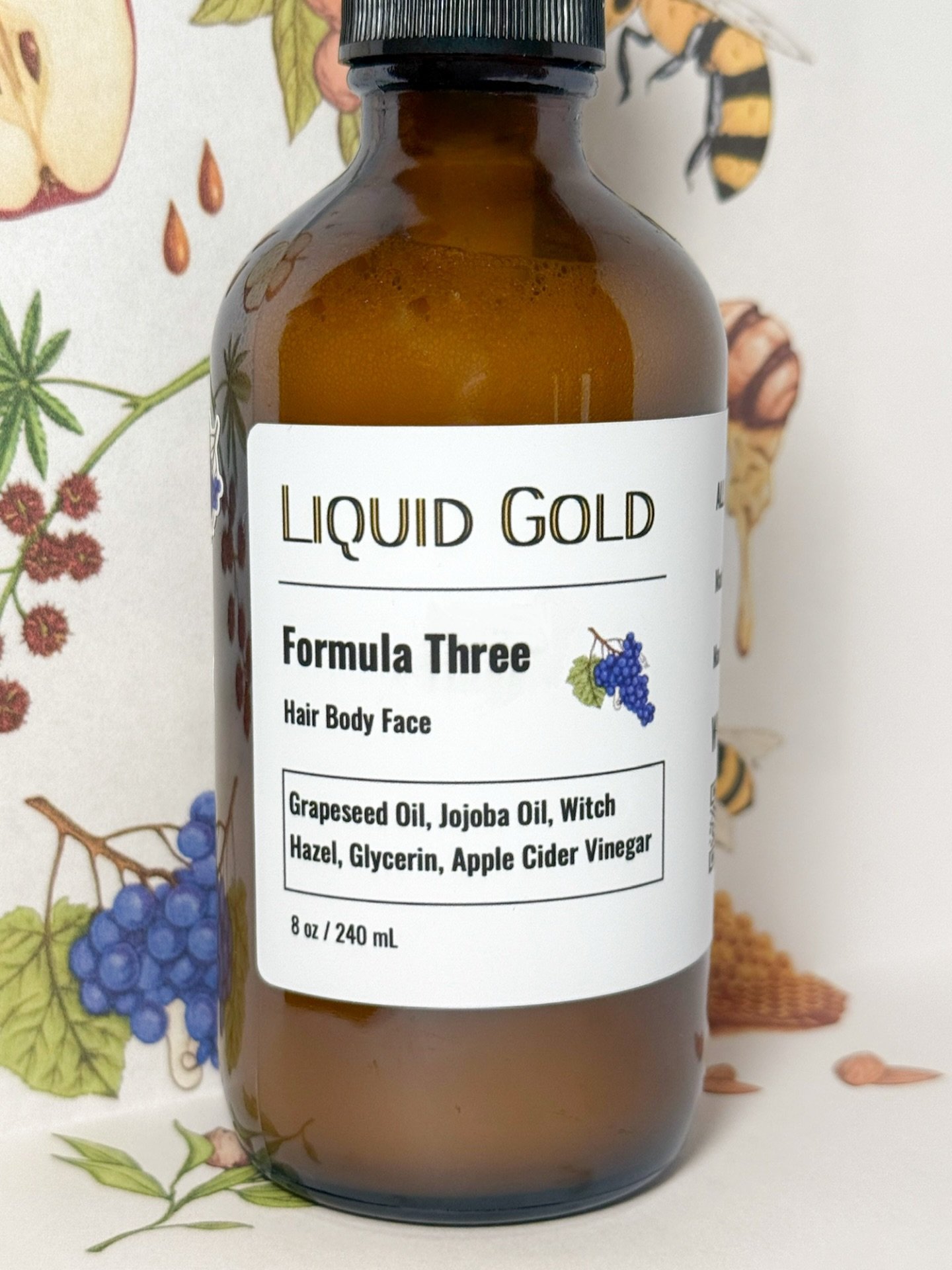Liquid Gold Formula Three is a balanced, hydrating cleanser that offers everyday clarity and comfort. A hydrating base of glycerin is enhanced by grapeseed and jojoba oils for a light nourishment. Witch hazel and apple cider vinegar provide a gentle 