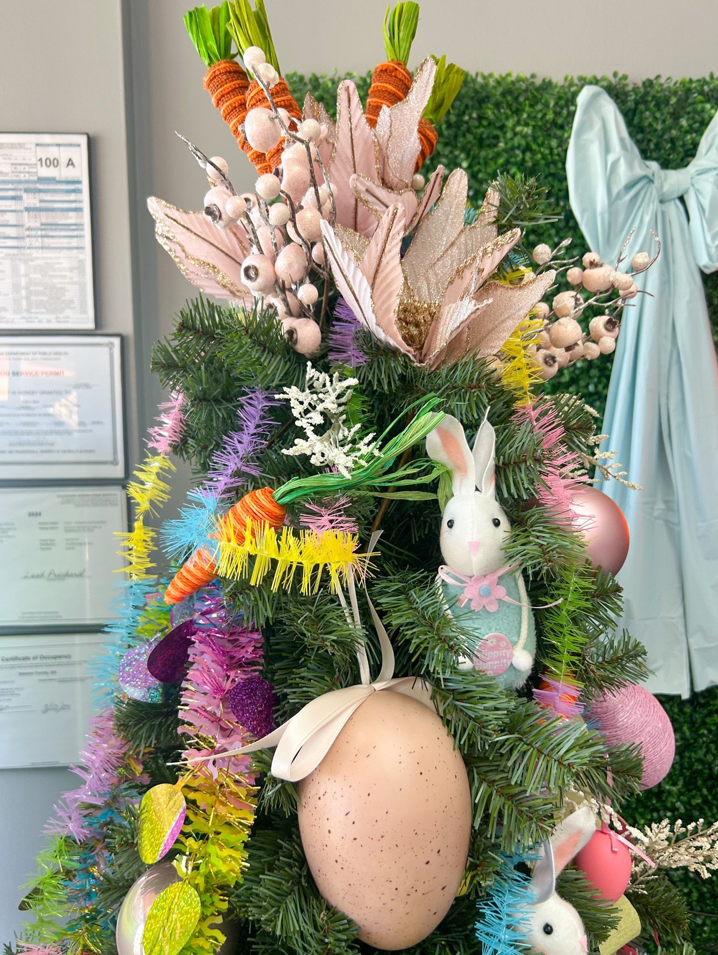 April 1, 2025: To top off the tree we added some artifical floral and some stuffed Easter bunnies. It came together perfectly and brought the festive cheer the shop was looking for! 
 
Reach out today and lets create something special! #MFDS