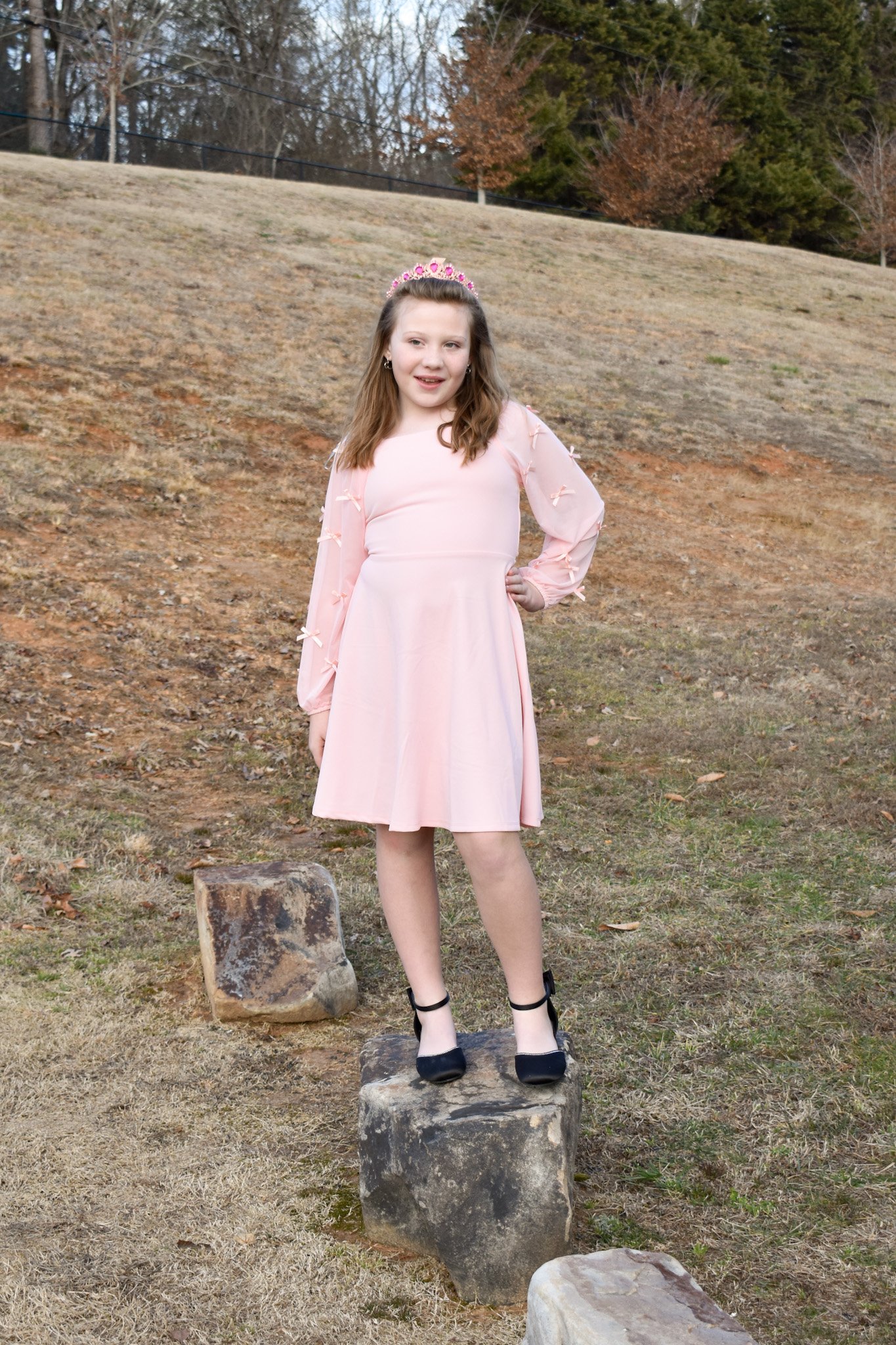 A young girl wearing a pink dress, black shoes, and a tiara, standing outdoors on large rocks in a field with trees in the background.
